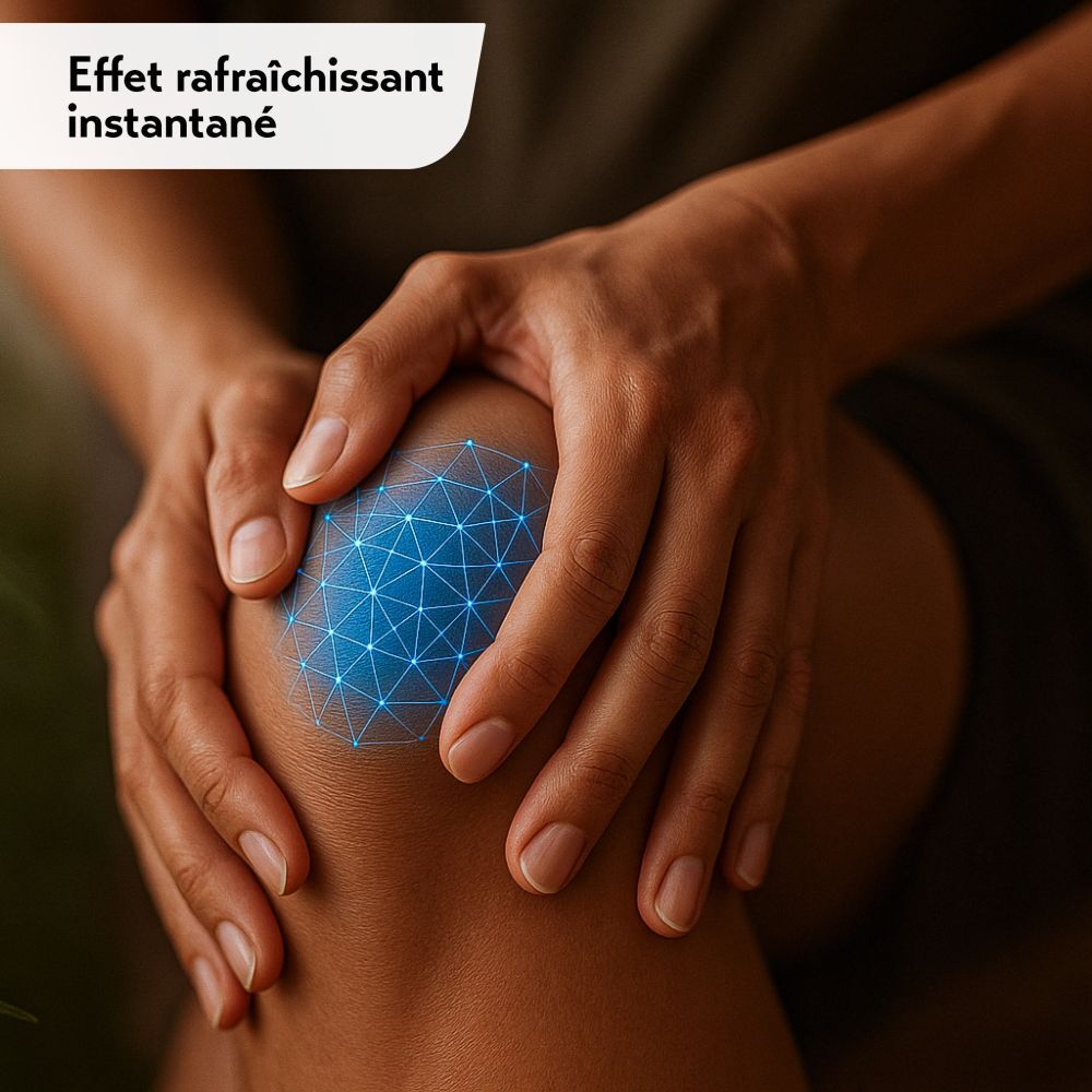 Gros plan sur un genou. Points bleus lumineux. Texte: Effet rafraîchissant instantané.