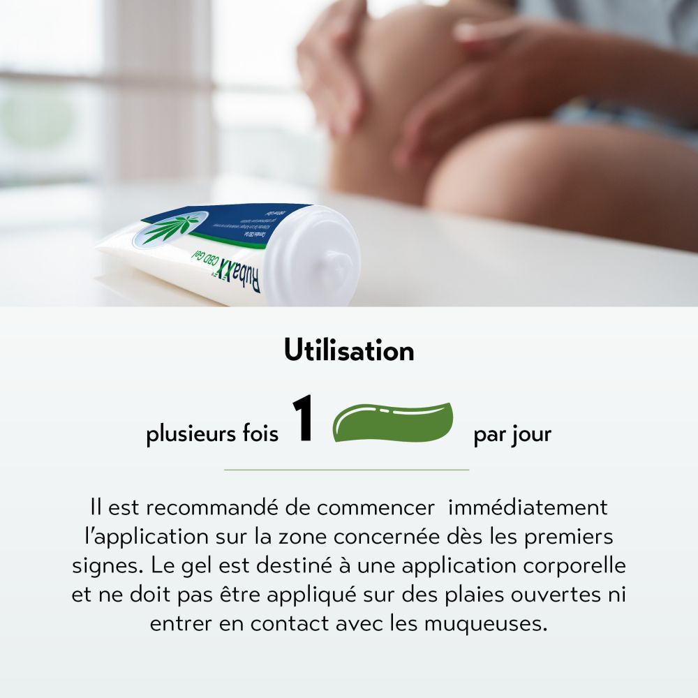 Gros plan sur un genou. Tube Rubaxx CBD Gel. Texte: Utilisation, 1 fois par jour.