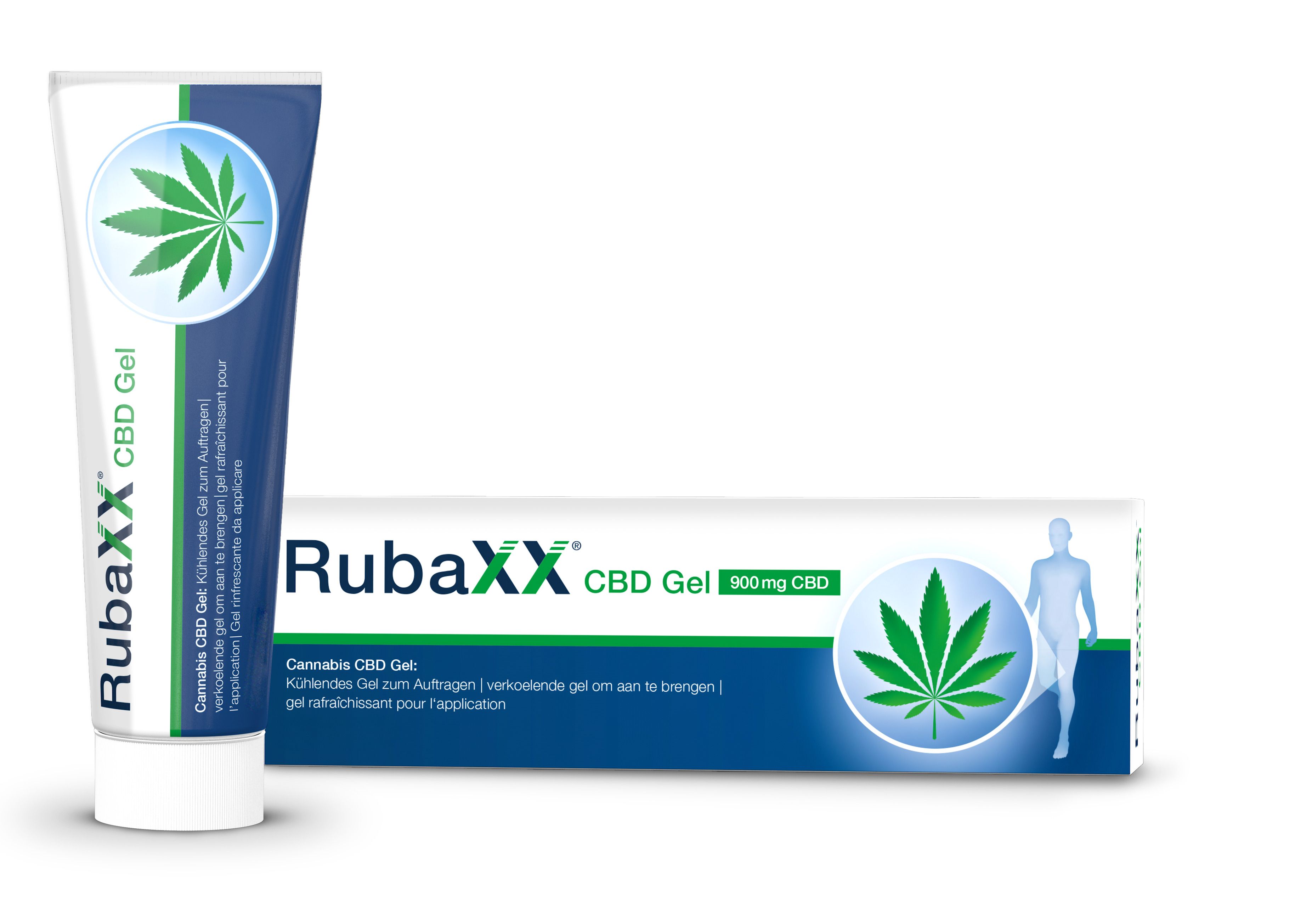 Tube et boîte. Texte: Rubaxx CBD Gel. Logo feuille de cannabis. 900mg CBD.