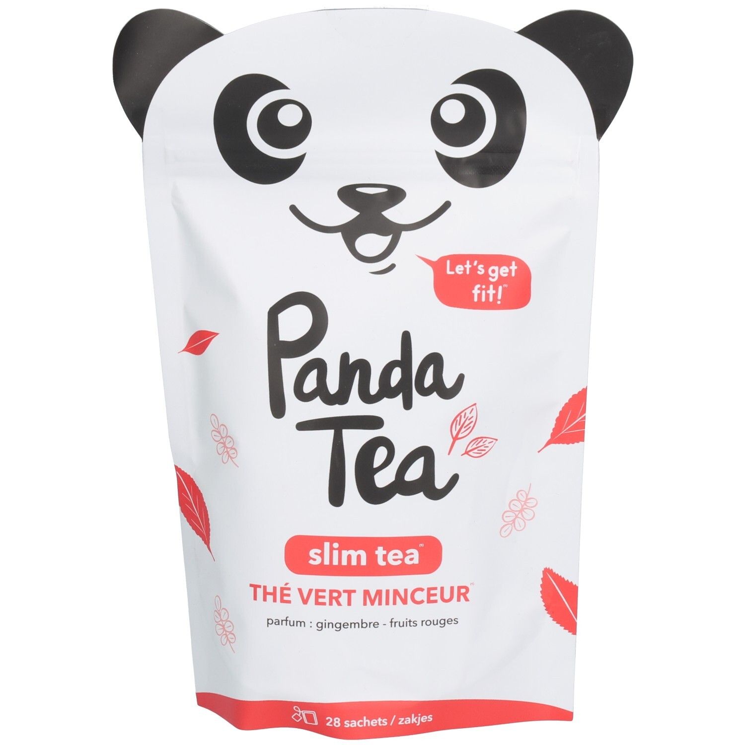 Sachet blanc Panda Tea. Texte: Slim Tea, Thé Vert Minceur, parfum gingembre fruits rouges. Illustration de feuilles. 28 sachets.