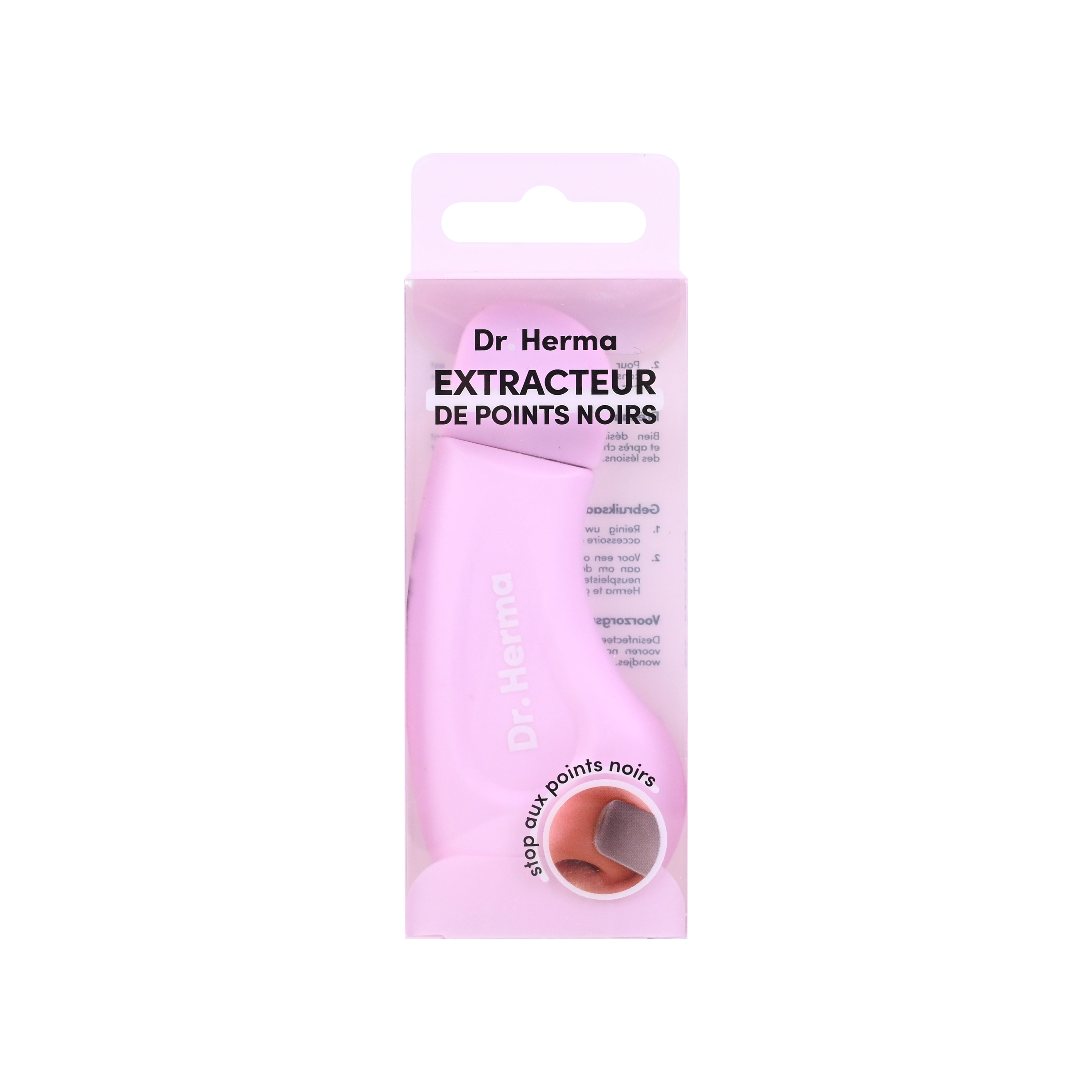 Extracteur de points noirs rose dans son emballage. Visible : nom de la marque Dr. Herma et nom du produit.