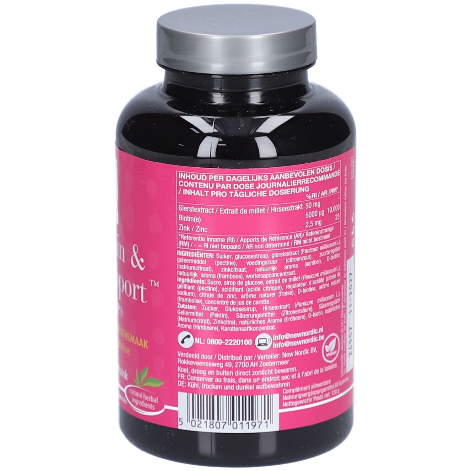 Dos du flacon avec étiquette rose. Texte multilingue. Ingrédients et informations nutritionnelles.