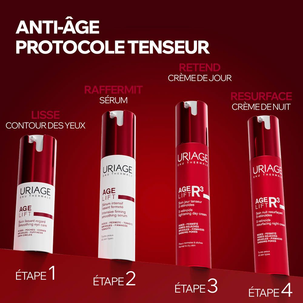 Flacon et boîte Uriage Age Lift R3 Soin Nuit, avec texte.
