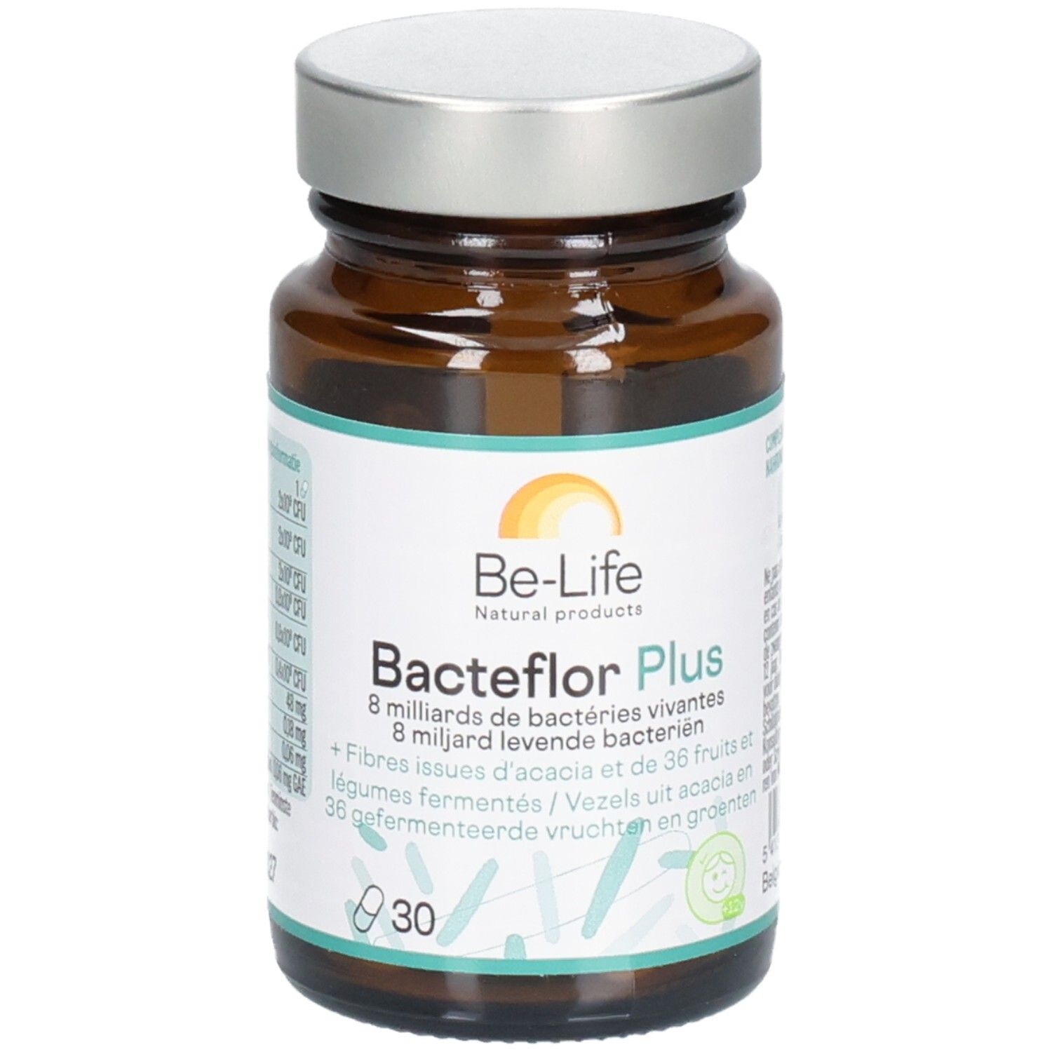 Flacon en verre brun avec bouchon argenté. Inscription: Be-Life Bacteflor Plus, 30 gélules. Contient des bactéries vivantes et des fibres.