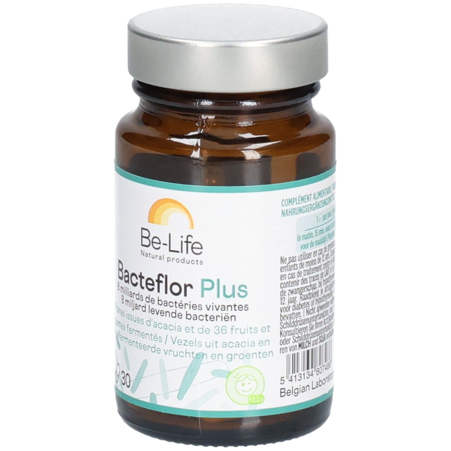 Flacon en verre brun avec bouchon argenté. Inscription: Be-Life Bacteflor Plus, 30 gélules. Contient des bactéries vivantes et des fibres.