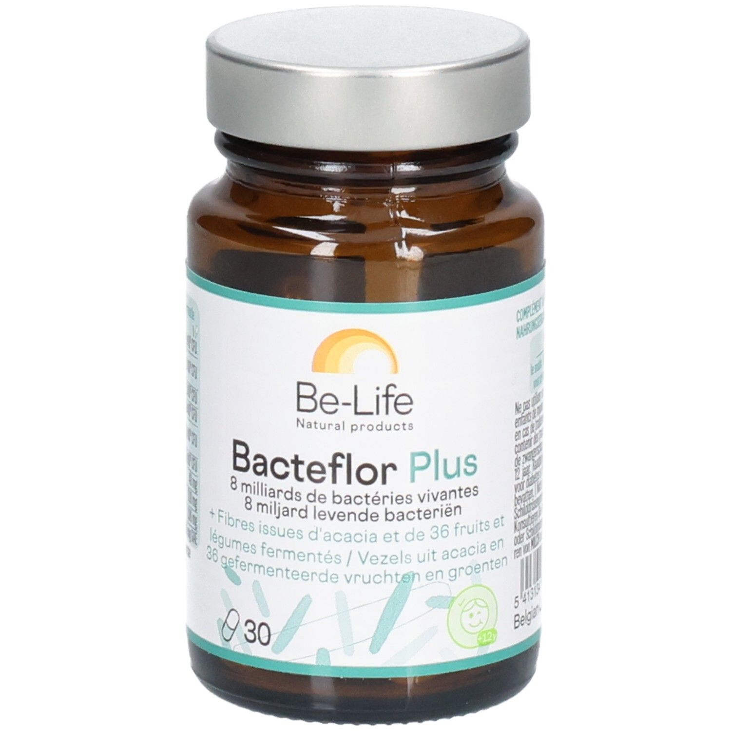 Flacon en verre brun avec bouchon argenté. Inscription: Be-Life Bacteflor Plus, 30 gélules. Contient des bactéries vivantes et des fibres.
