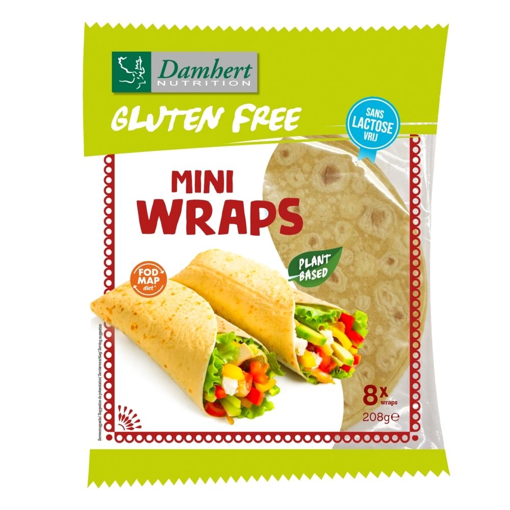 Mini Wraps sans gluten dans un emballage de 8 pièces, 208g. Plant Based. Sans Lactose.