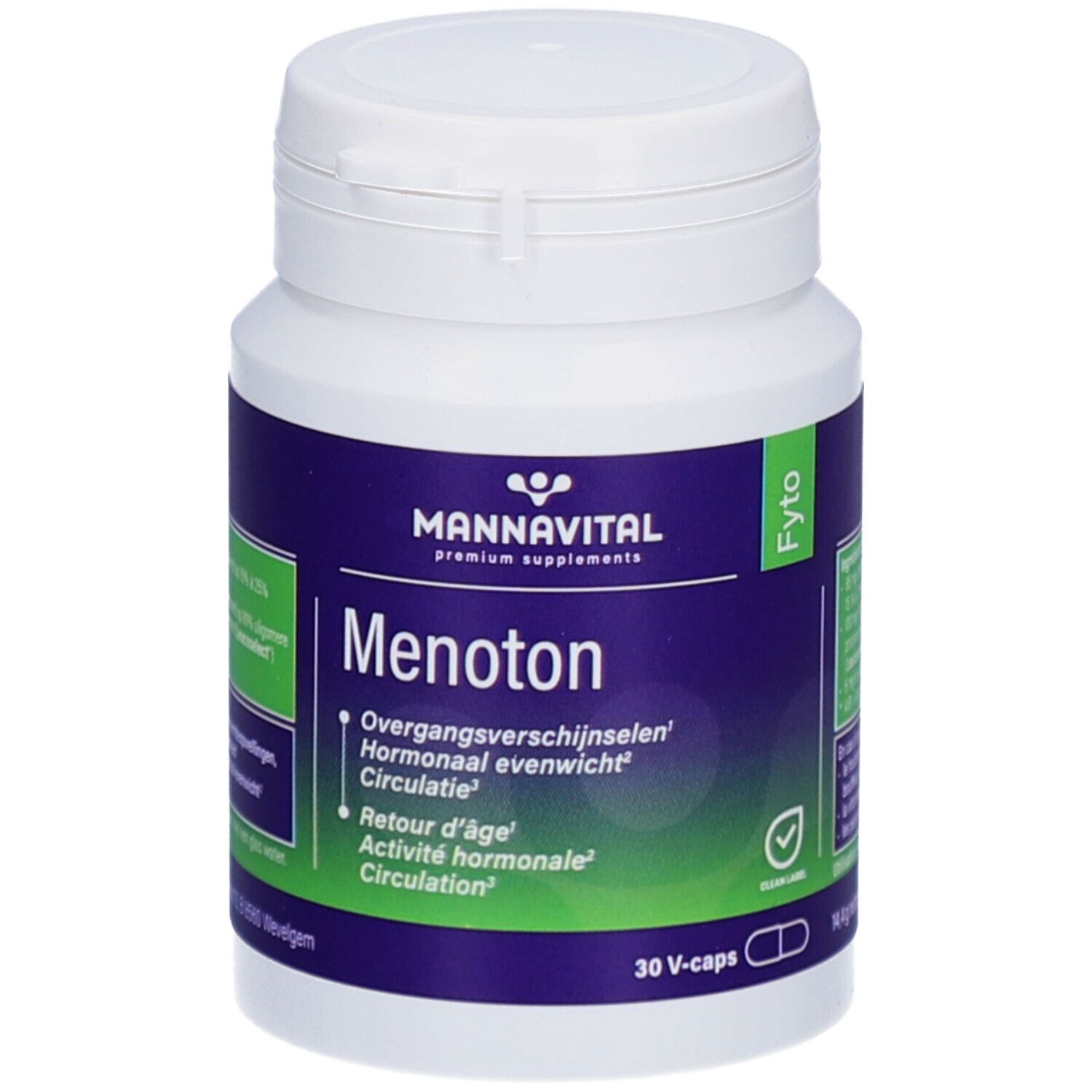 Flacon blanc, étiquette bleue. Inscription: Mannavital Menoton, 30 V-caps. Étiquette verte et blanche avec ingrédients. Bouchon avec fermeture.