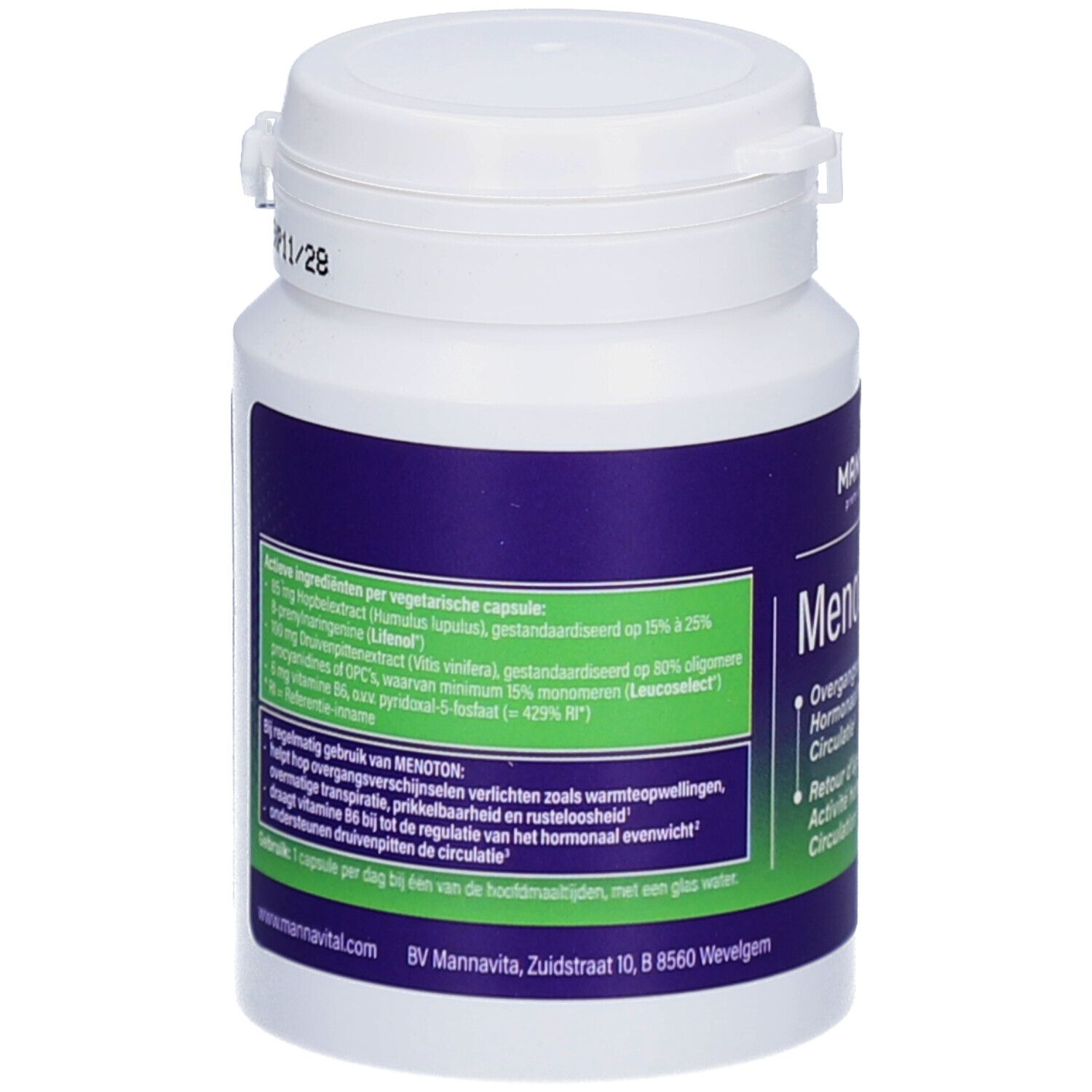 Dos du flacon blanc. Étiquette bleue avec ingrédients et texte. Étiquette verte avec texte. Bouchon blanc.