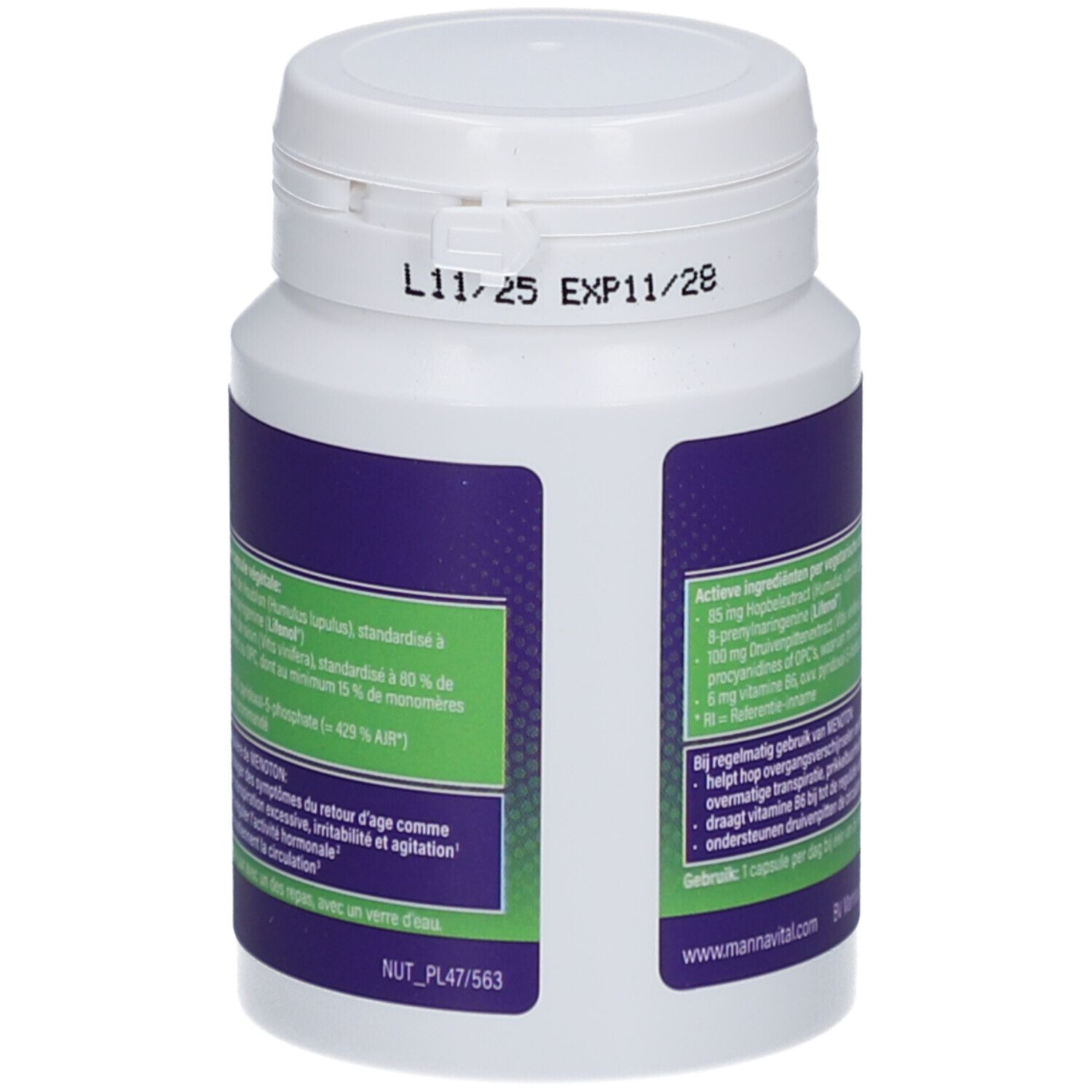 Dos du flacon blanc. Étiquette bleue avec ingrédients et texte. Étiquette verte avec texte. Bouchon blanc avec impression.