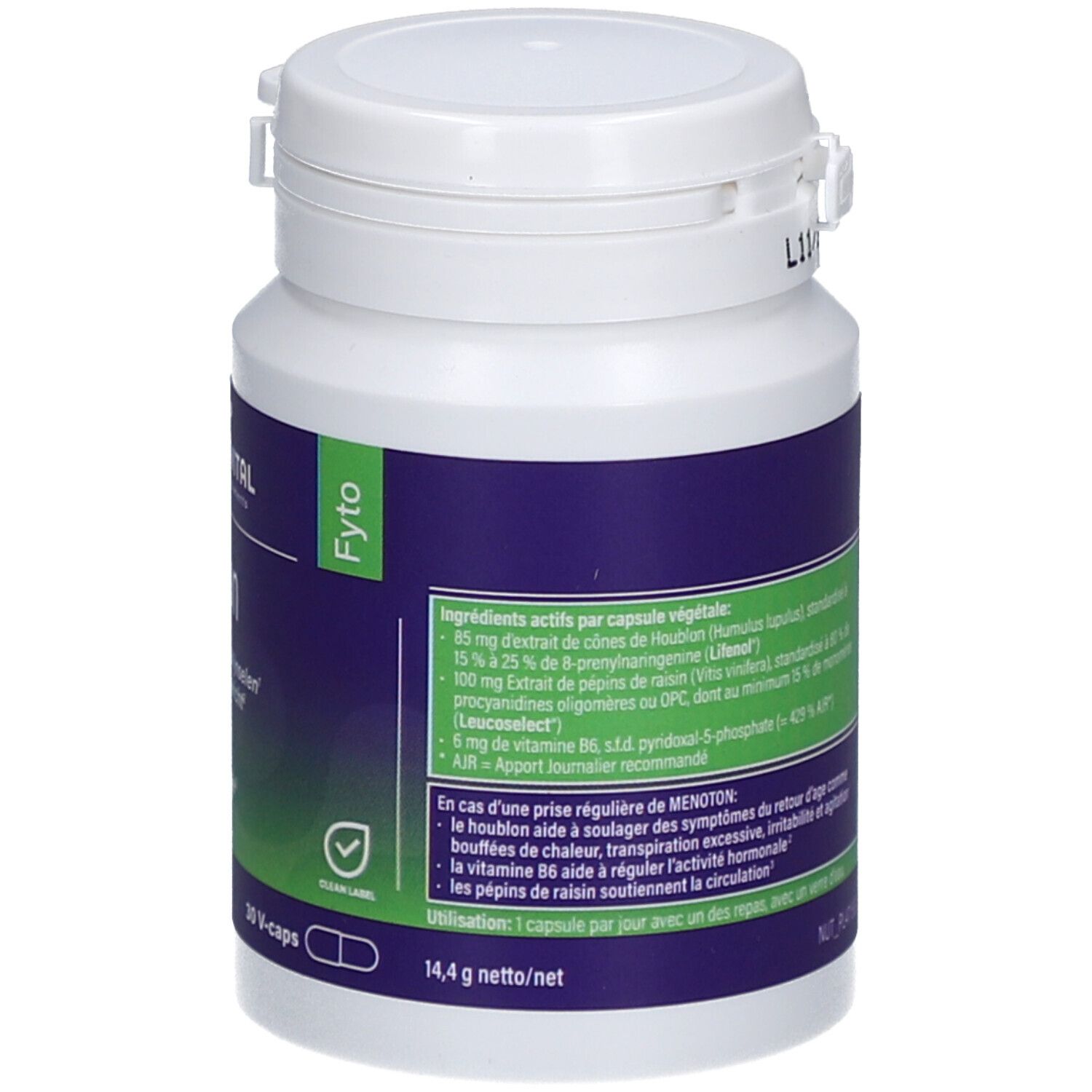 Flacon blanc avec étiquette bleue. Étiquette verte avec ingrédients. Bouchon blanc. Inscription: Mannavital Menoton, 30 V-caps.