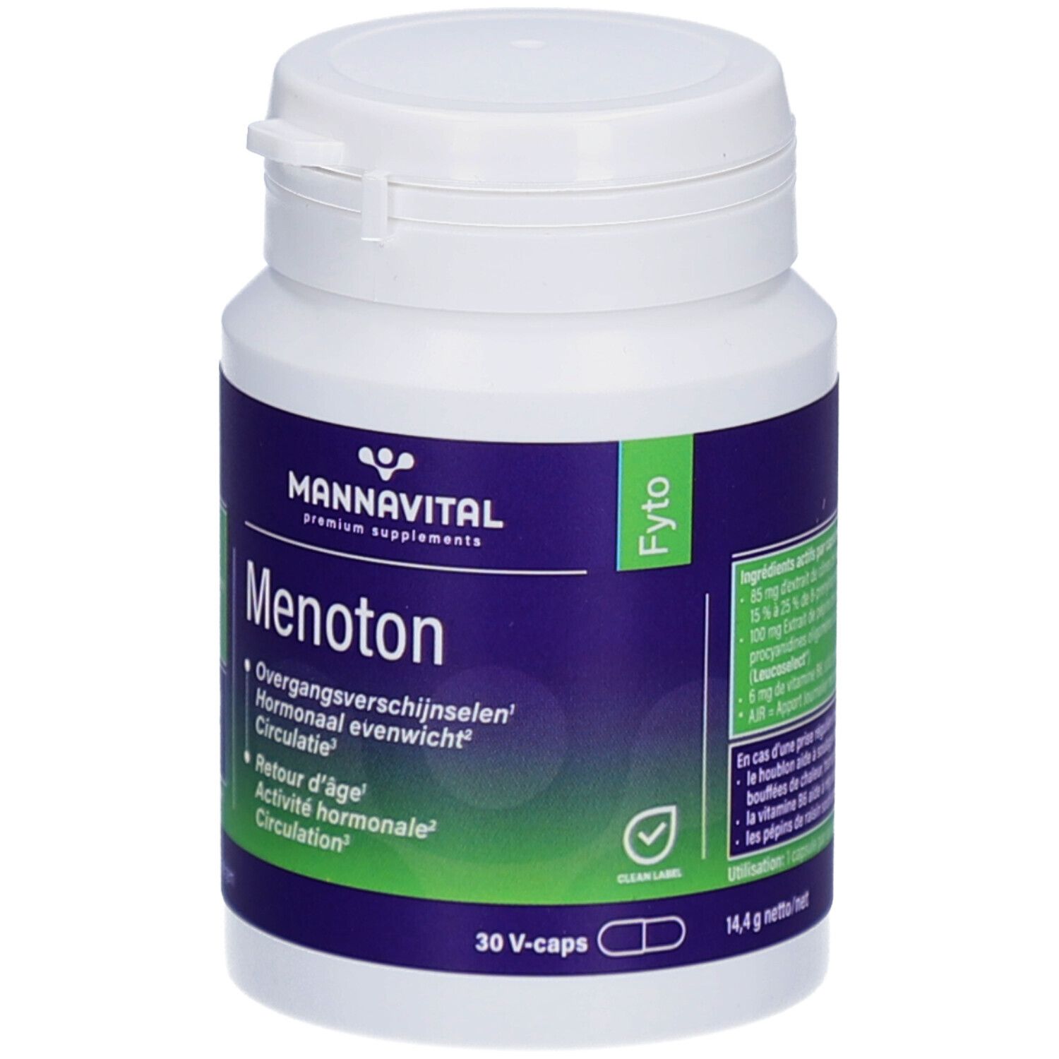 Flacon blanc avec étiquette bleue. Inscription: Mannavital Menoton, 30 V-caps. Étiquette verte avec ingrédients. Bouchon blanc.