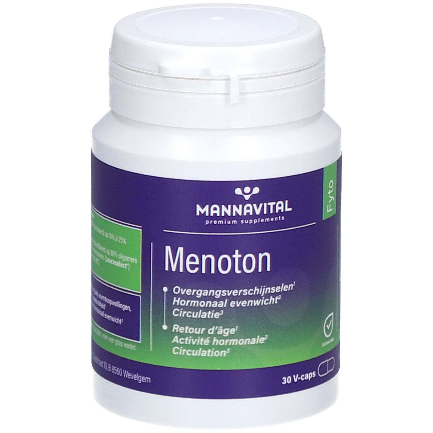 Flacon blanc avec étiquette bleue. Inscription: Mannavital Menoton, 30 V-caps. Étiquette verte avec ingrédients. Bouchon blanc.