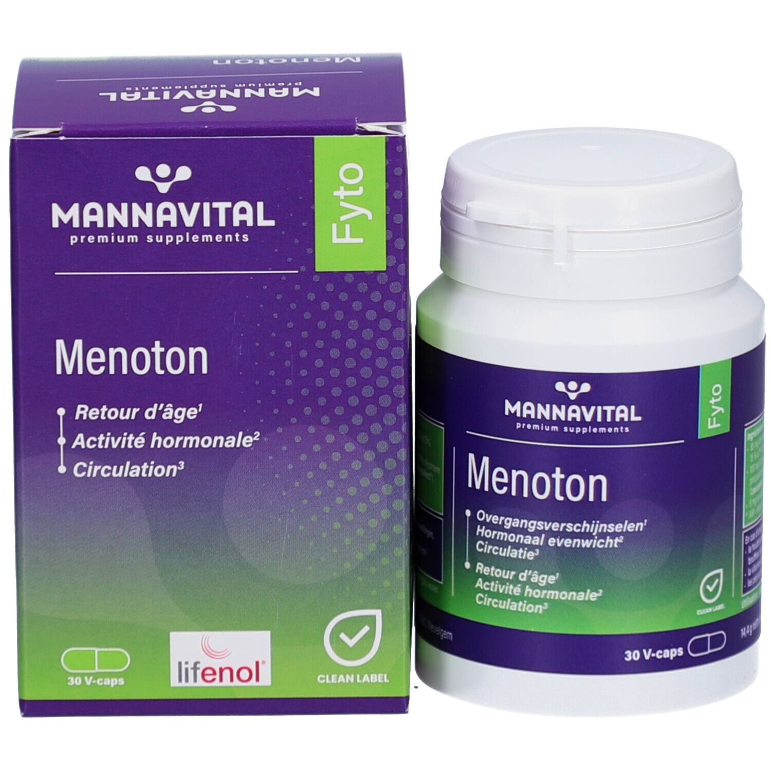 Emballage du produit avec flacon et boîte. Flacon: blanc, étiquette bleue, 30 V-caps. Boîte: bleue, inscription Menoton.