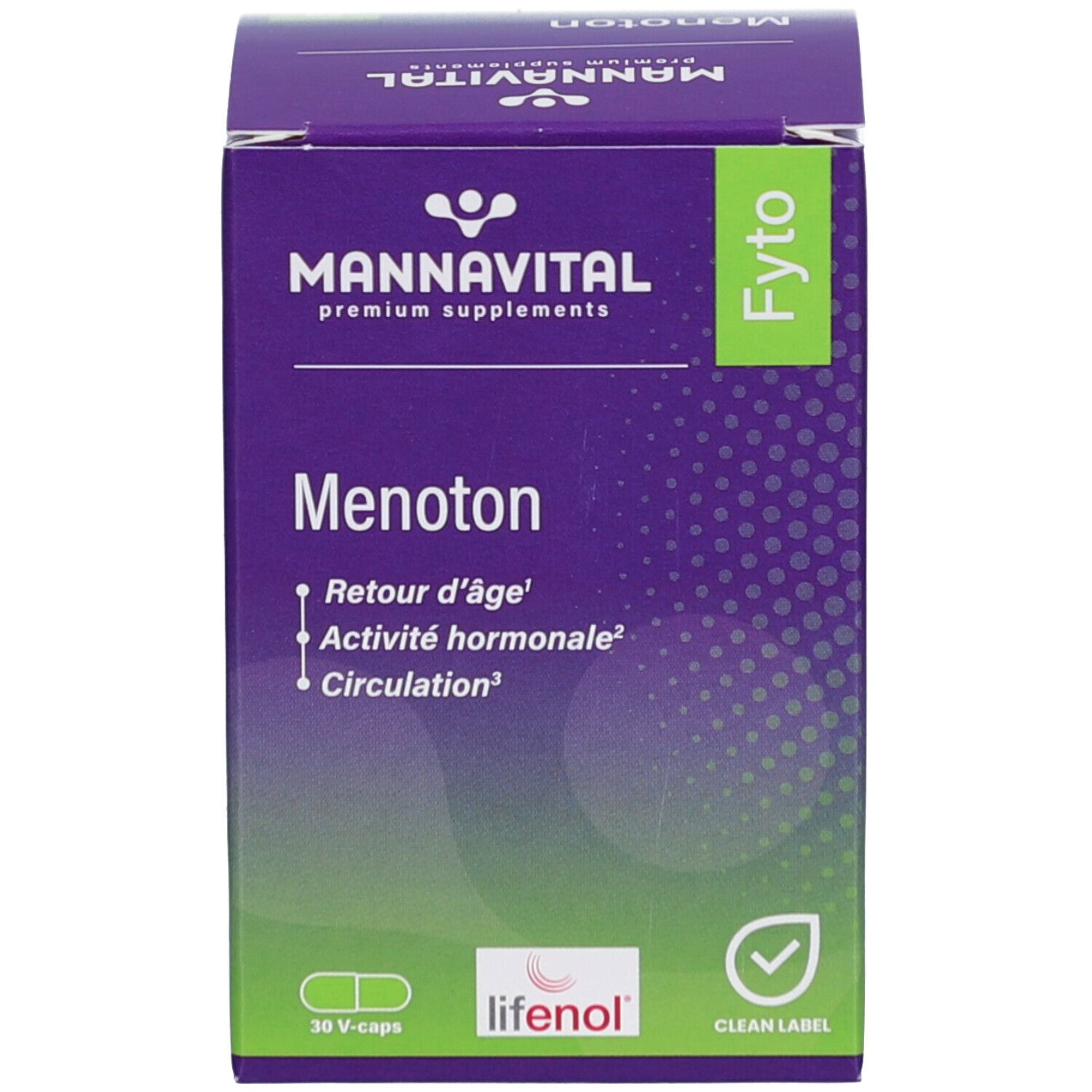 Emballage en carton. Bleu, inscription: Mannavital Menoton, 30 V-caps. Étiquette verte. Symbole V-caps.