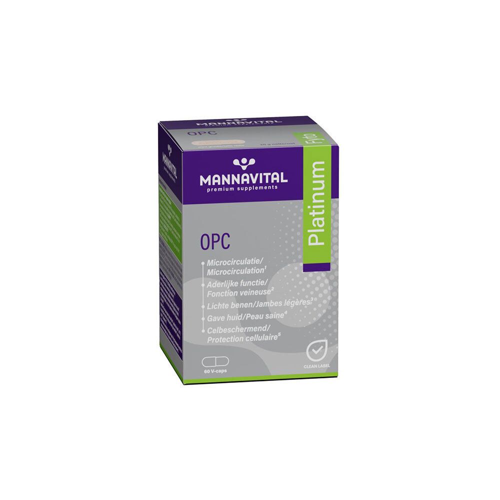 Boîte avec OPC Platinum. Texte: Mannavital, OPC, 60 V-caps, Platinum, Fyto.