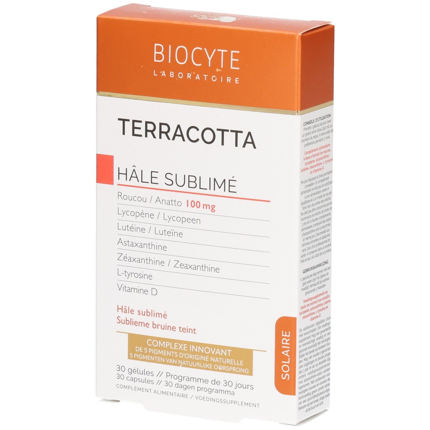 Boîte Biocyte Terracotta Hâle Sublimé. Ingrédients et nom du produit imprimés. Boîte blanche et orange.