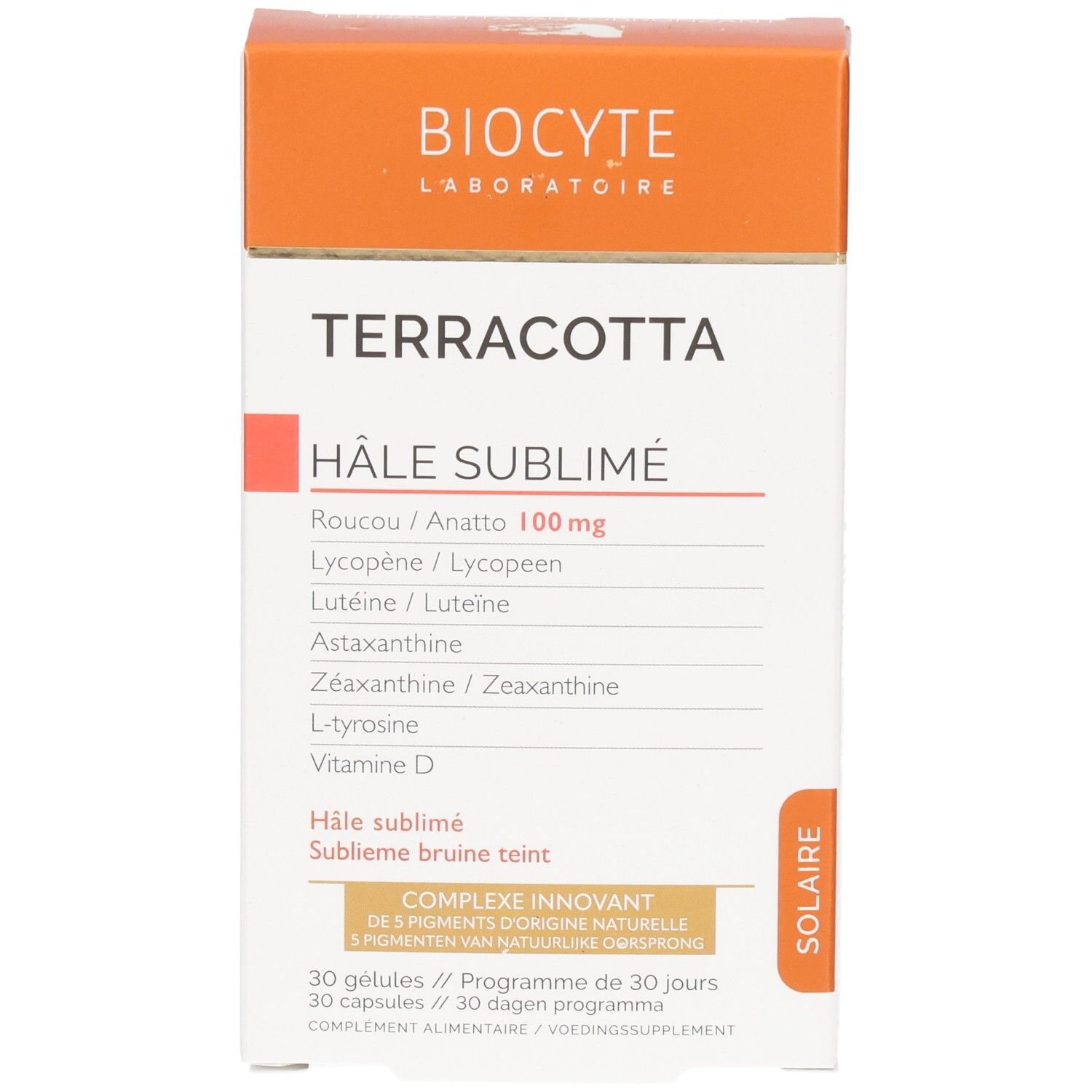 Boîte Biocyte Terracotta Hâle Sublimé. Ingrédients et nom du produit imprimés. Boîte blanche et orange.