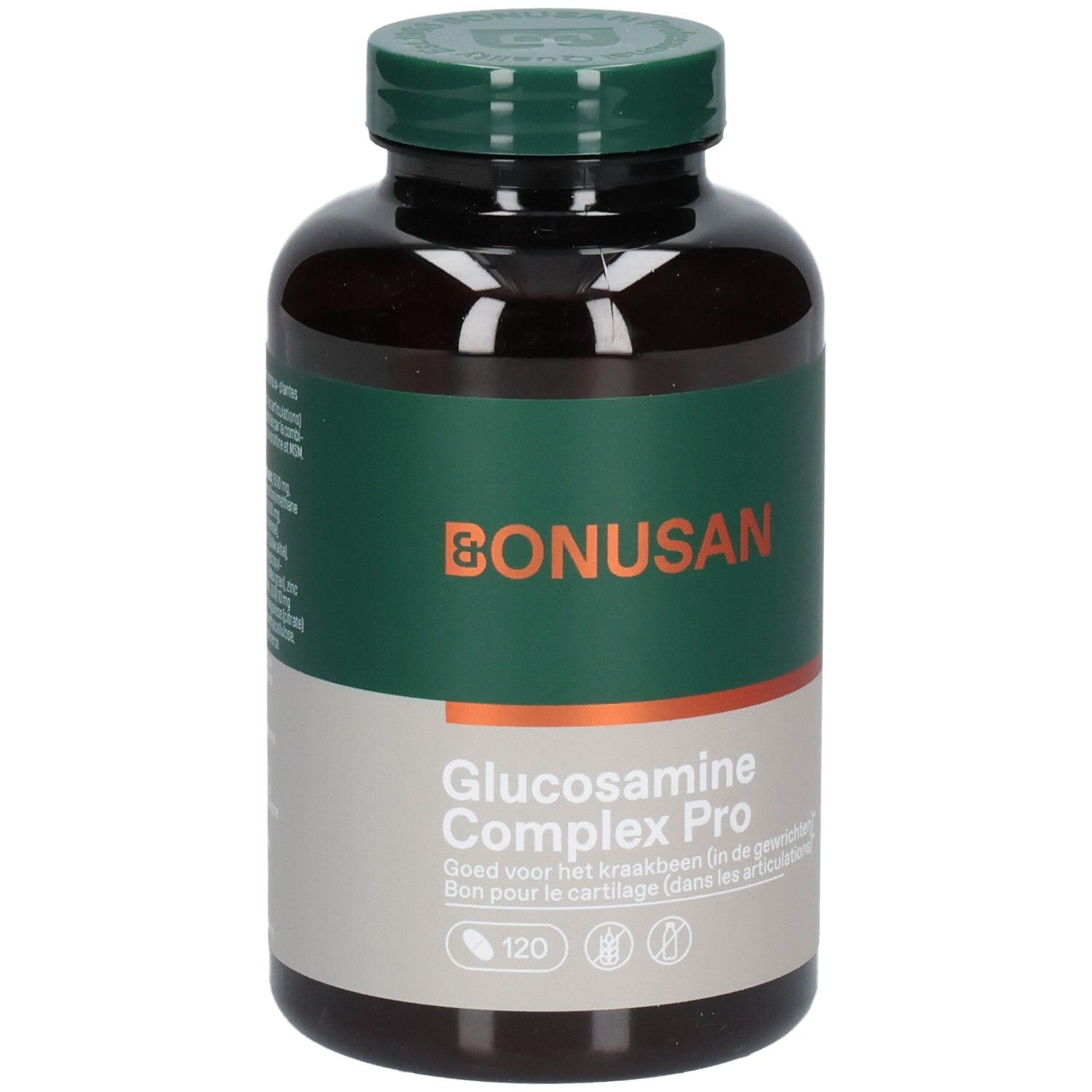 Flacon brun avec étiquette verte. Inscription: Bonusan Glucosamine Complex Pro. 120 comprimés.