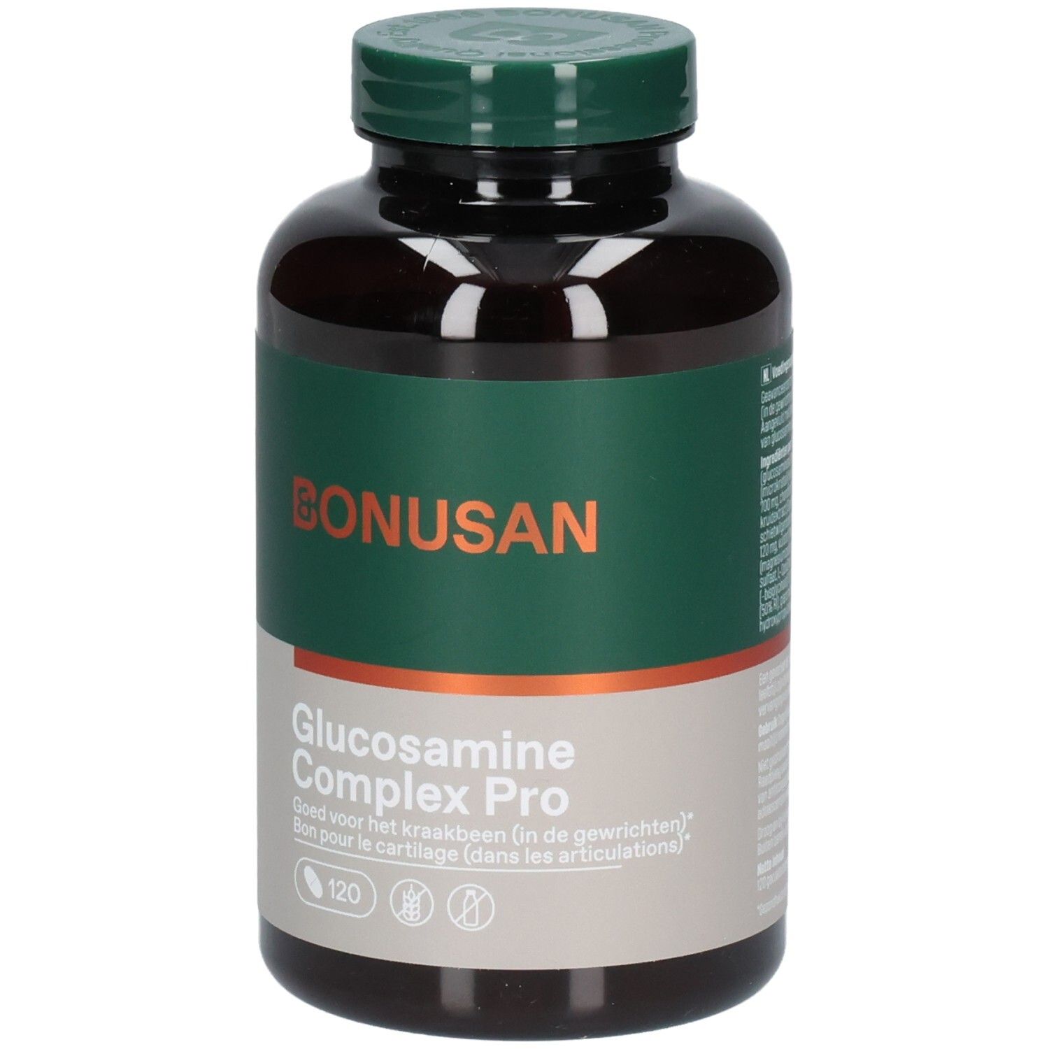 Flacon brun avec étiquette verte. Inscription: Bonusan Glucosamine Complex Pro. 120 comprimés.