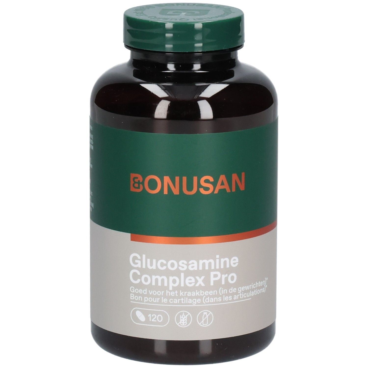 Flacon brun avec étiquette verte. Inscription: Bonusan Glucosamine Complex Pro. 120 comprimés.