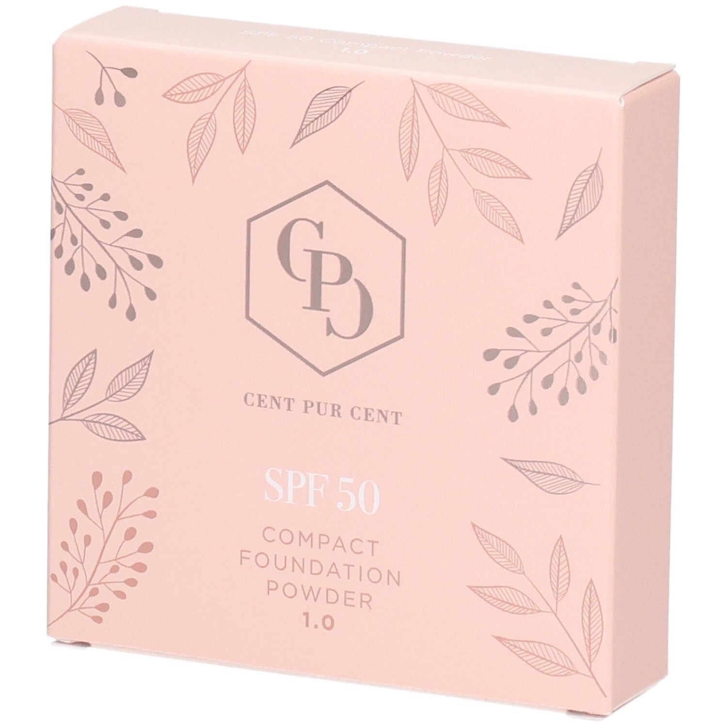 Cent Pur Cent Poudre Compacte Fond de Teint SPF 50, emballage rose avec motif de feuilles.