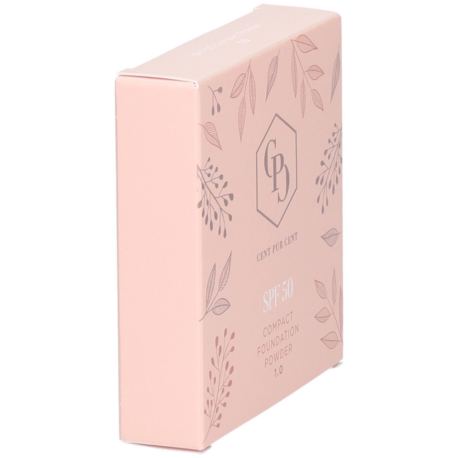 Cent Pur Cent Poudre Compacte Fond de Teint SPF 50, vue latérale de l'emballage rose.