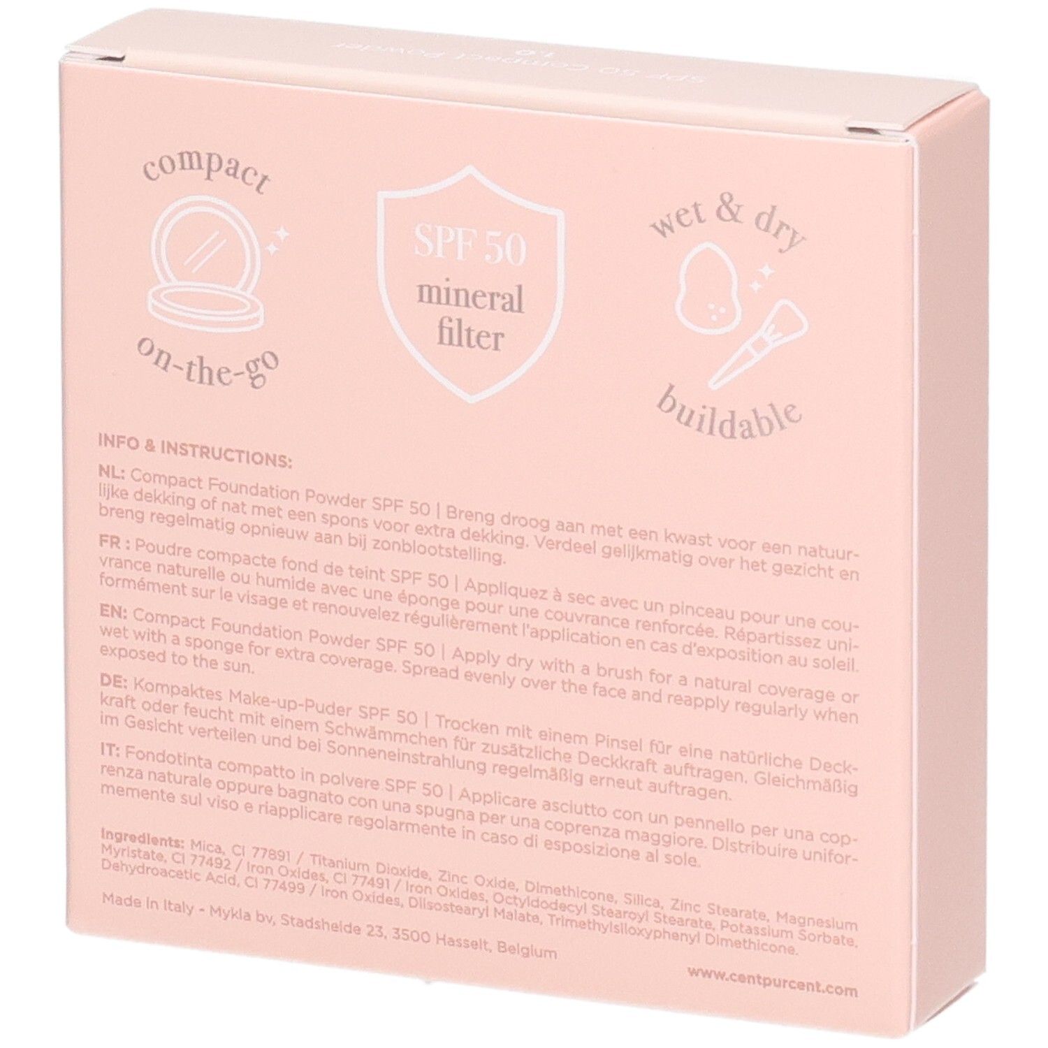Dos de l'emballage Cent Pur Cent Poudre Compacte Fond de Teint SPF 50 avec instructions.