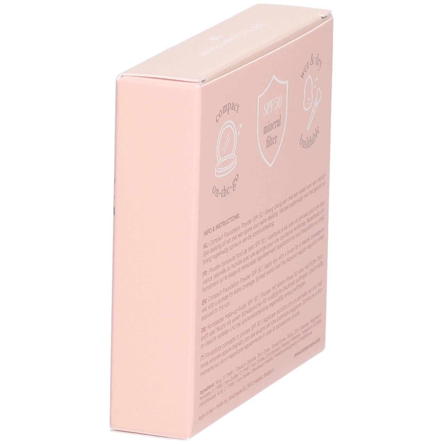 Cent Pur Cent Poudre Compacte Fond de Teint SPF 50, vue latérale de l'emballage rose.