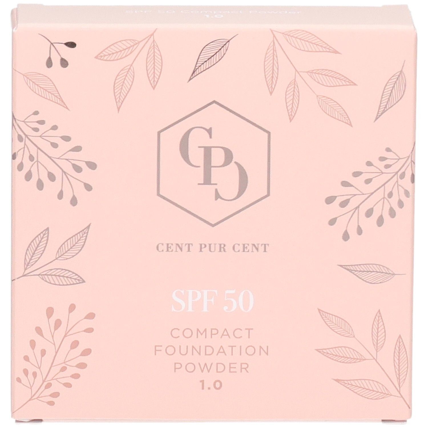 Cent Pur Cent Poudre Compacte Fond de Teint SPF 50, emballage rose avec motif de feuilles.