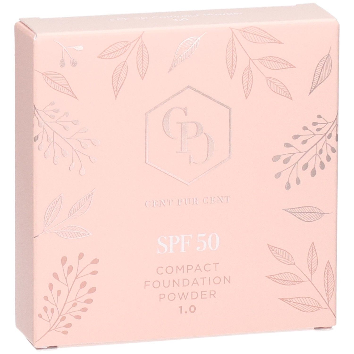 Cent Pur Cent Poudre Compacte Fond de Teint SPF 50, emballage rose avec motif de feuilles.