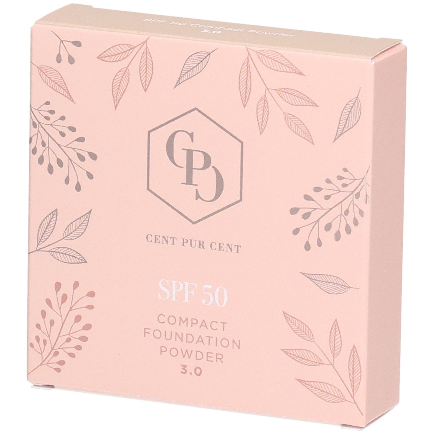 Poudre compacte fond de teint Cent Pur Cent SPF 50, teinte 3.0, dans un emballage rose à motif de feuilles.