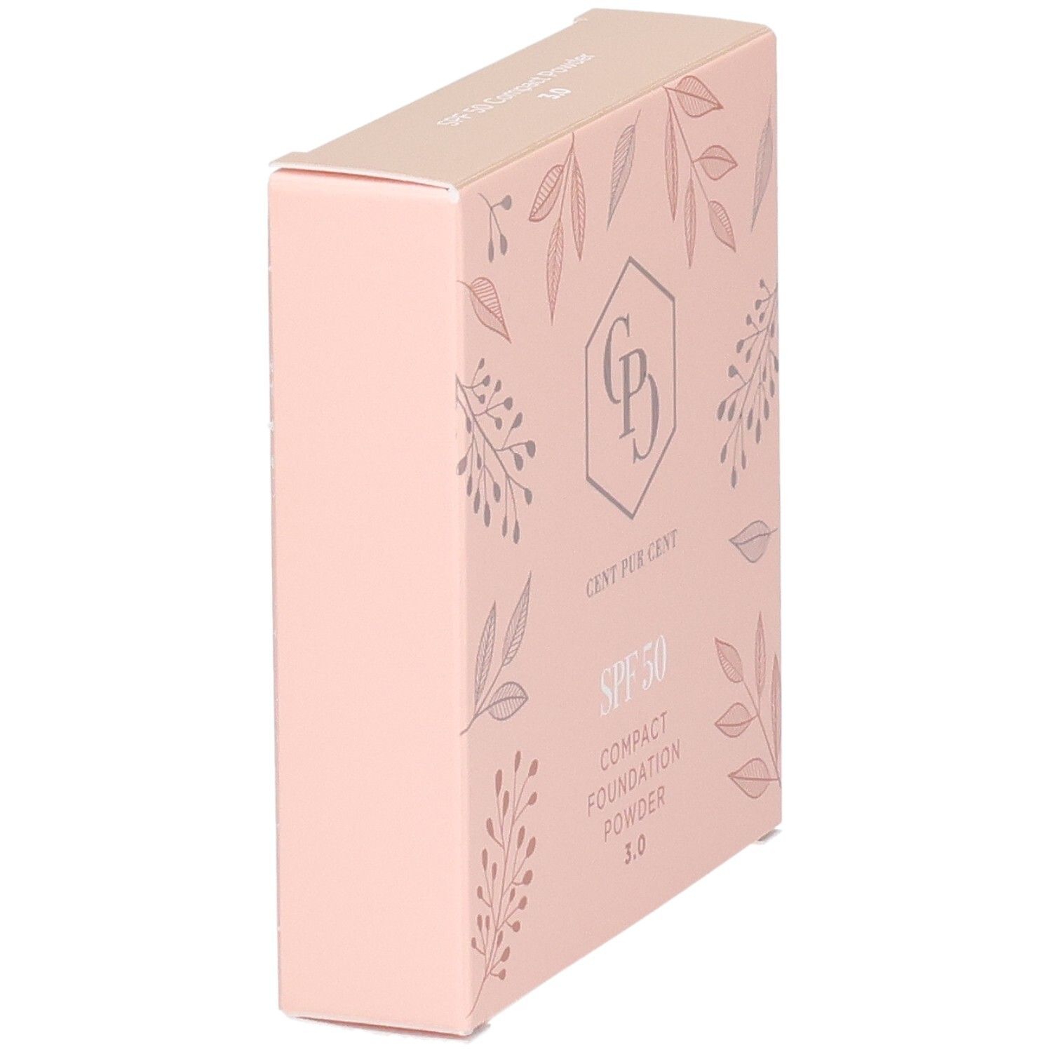 Vue latérale de l'emballage rose du fond de teint en poudre Cent Pur Cent SPF 50, teinte 3.0.