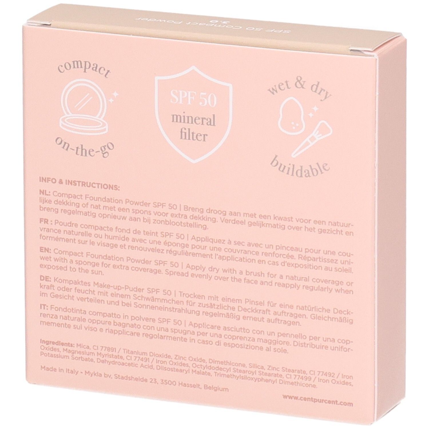 Arrière de l'emballage du fond de teint en poudre Cent Pur Cent SPF 50, avec instructions et icônes.