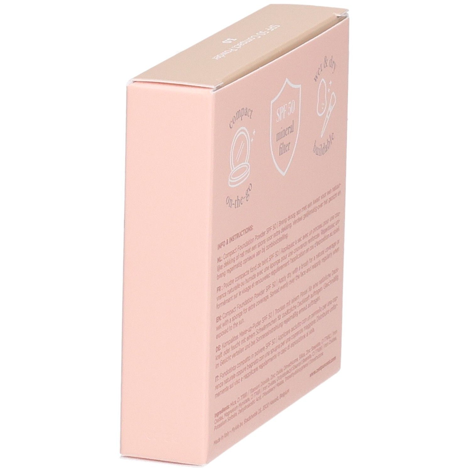 Vue latérale de l'emballage rose du fond de teint en poudre Cent Pur Cent SPF 50, teinte 3.0.