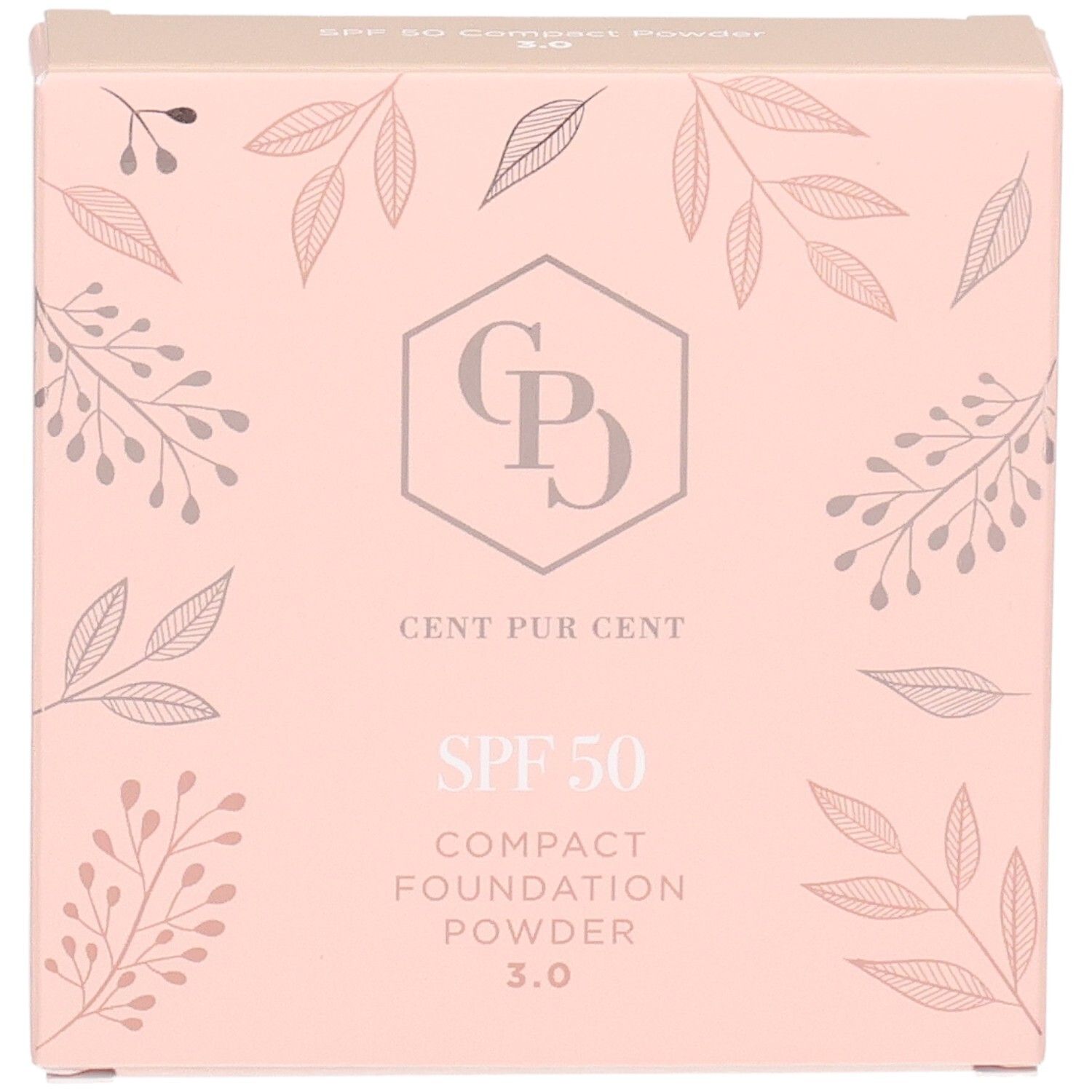 Poudre compacte fond de teint Cent Pur Cent SPF 50, teinte 3.0, dans un emballage rose à motif de feuilles.