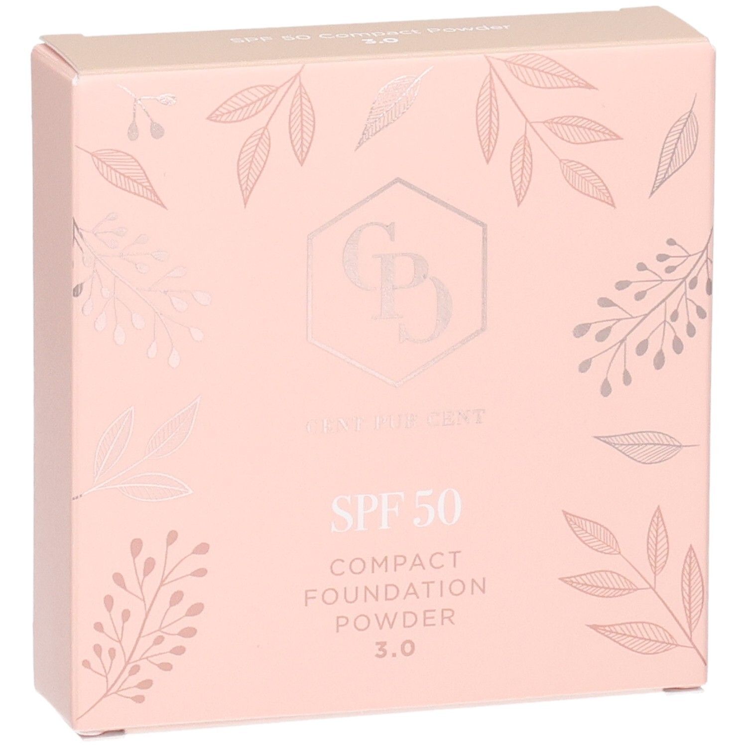Face avant de l'emballage rose du fond de teint en poudre Cent Pur Cent SPF 50, teinte 3.0.