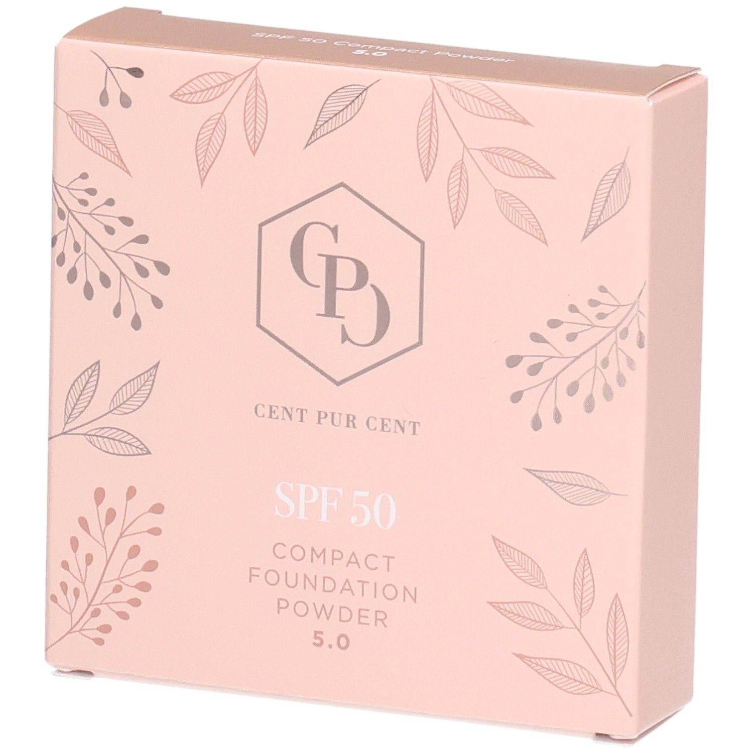 Poudre compacte fond de teint Cent Pur Cent SPF 50, boîte rose pâle avec motif de feuilles.