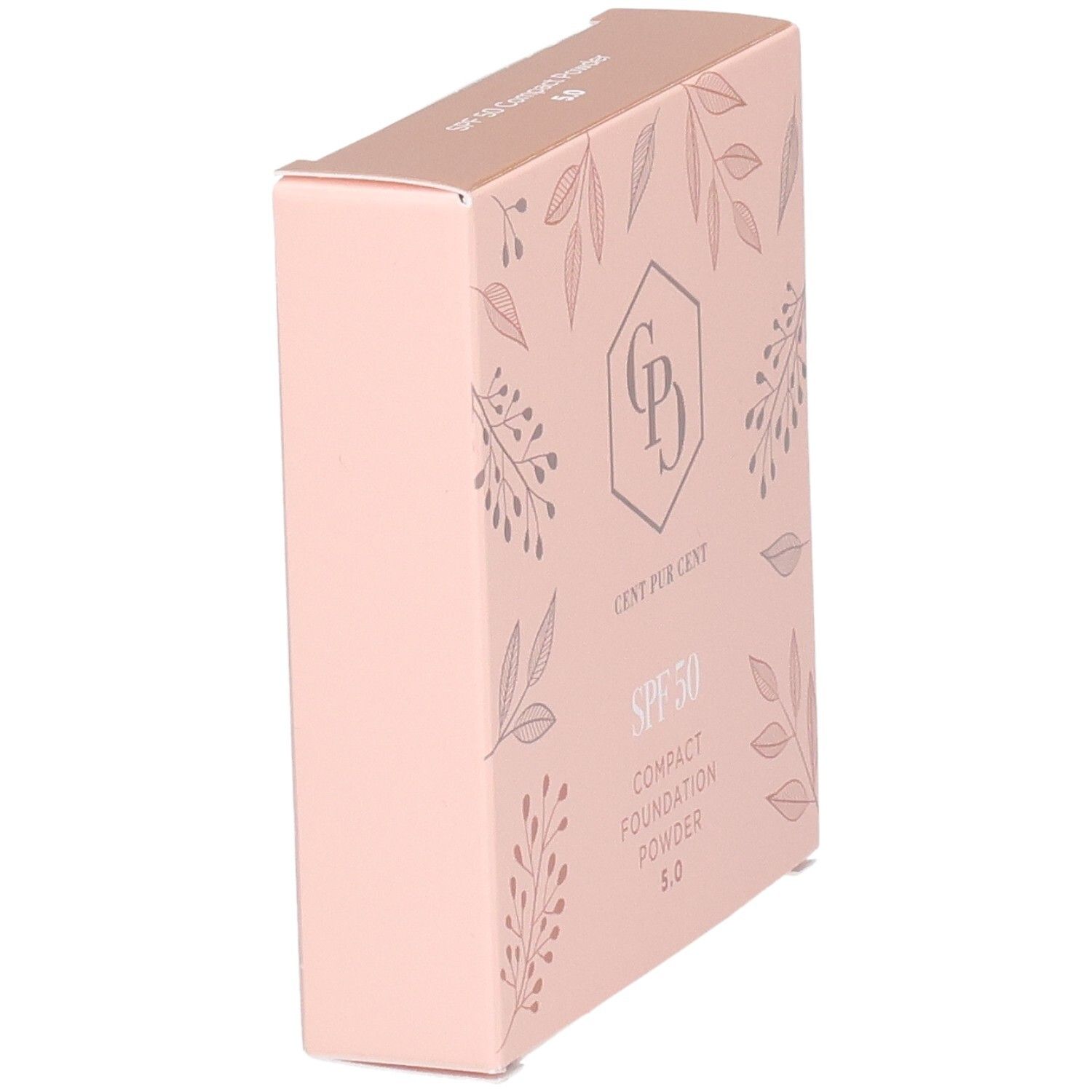 Poudre compacte fond de teint Cent Pur Cent SPF 50, vue latérale de la boîte rose pâle.