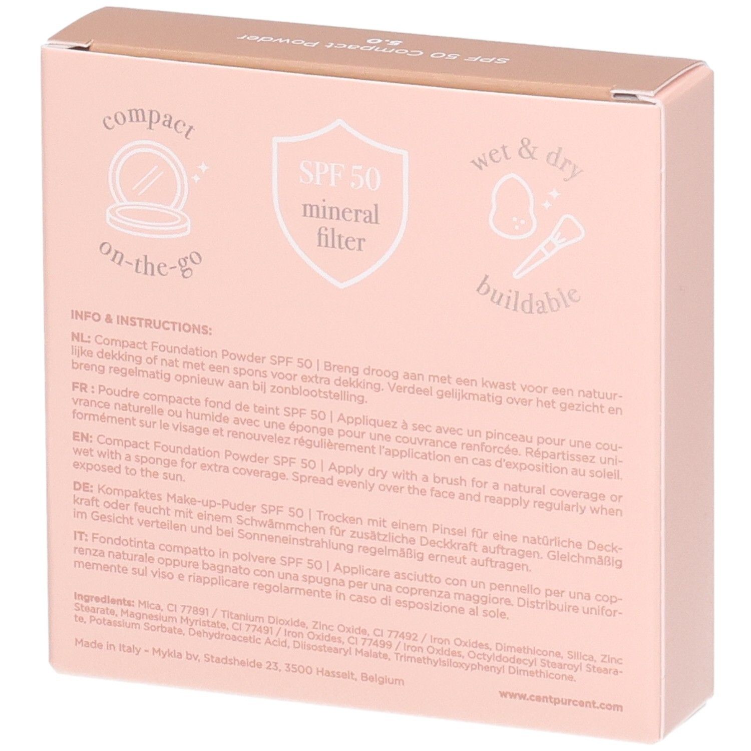 Arrière de la boîte de poudre compacte fond de teint Cent Pur Cent SPF 50 avec instructions.