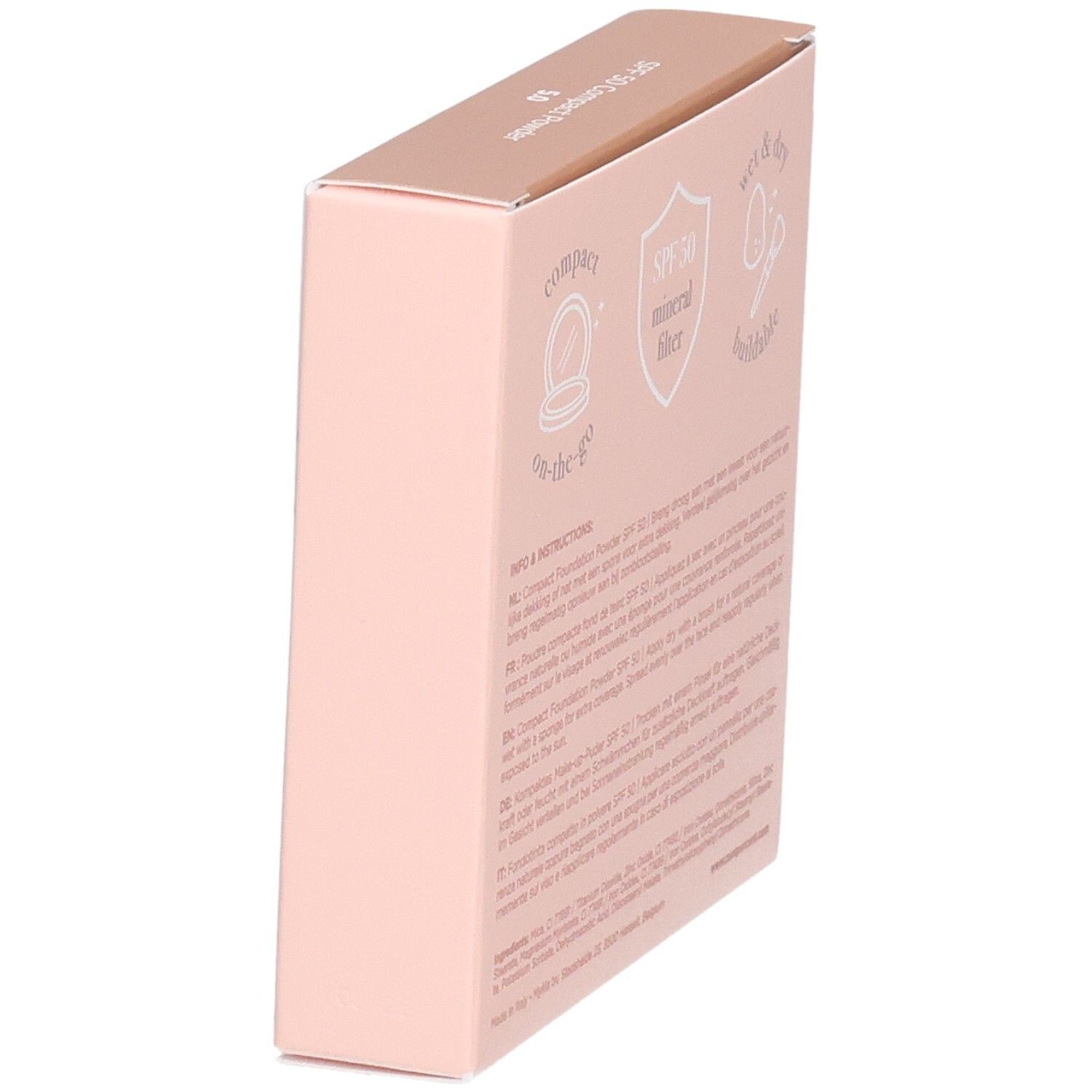 Poudre compacte fond de teint Cent Pur Cent SPF 50, vue latérale de la boîte rose pâle avec texte.