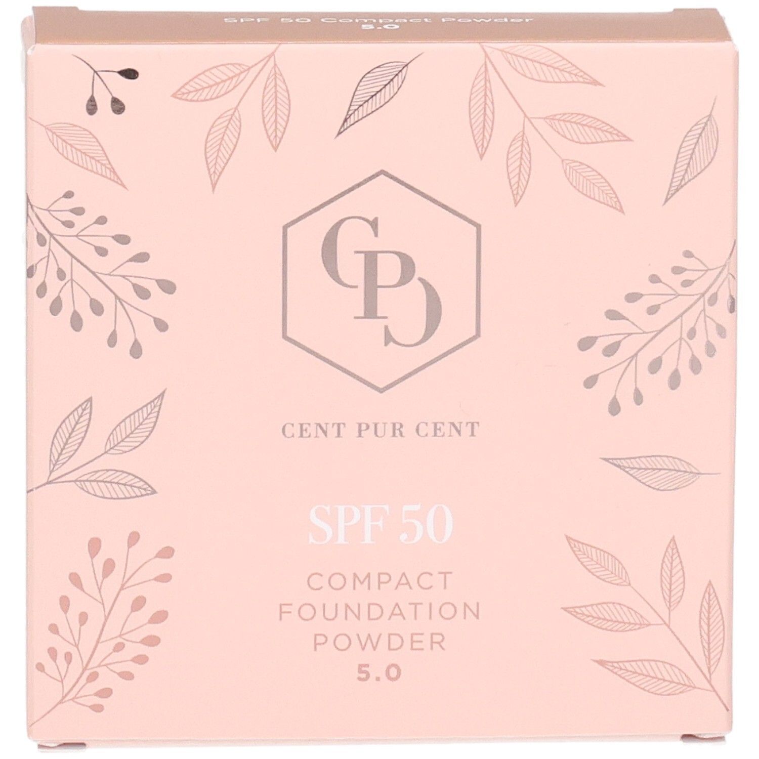Poudre compacte fond de teint Cent Pur Cent SPF 50, boîte rose pâle avec motif de feuilles et logo.