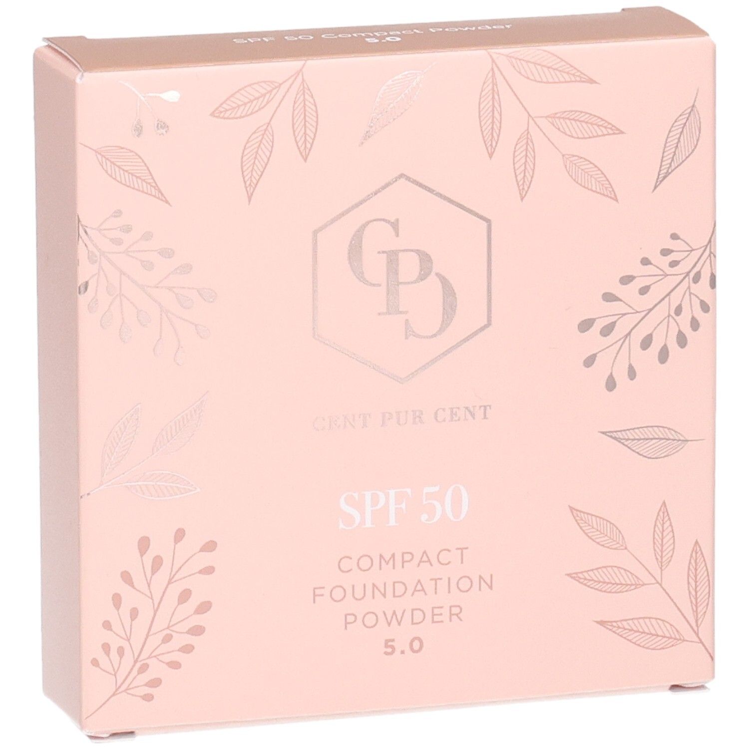 Poudre compacte fond de teint Cent Pur Cent SPF 50, boîte rose pâle avec motif de feuilles et logo.