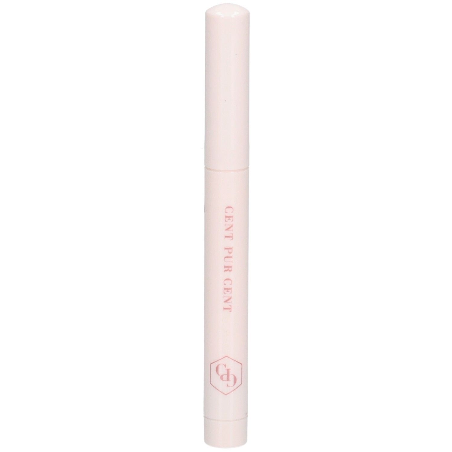 Bâton rose clair avec capuchon blanc. Inscription 'CENT PUR CENT' en rose.