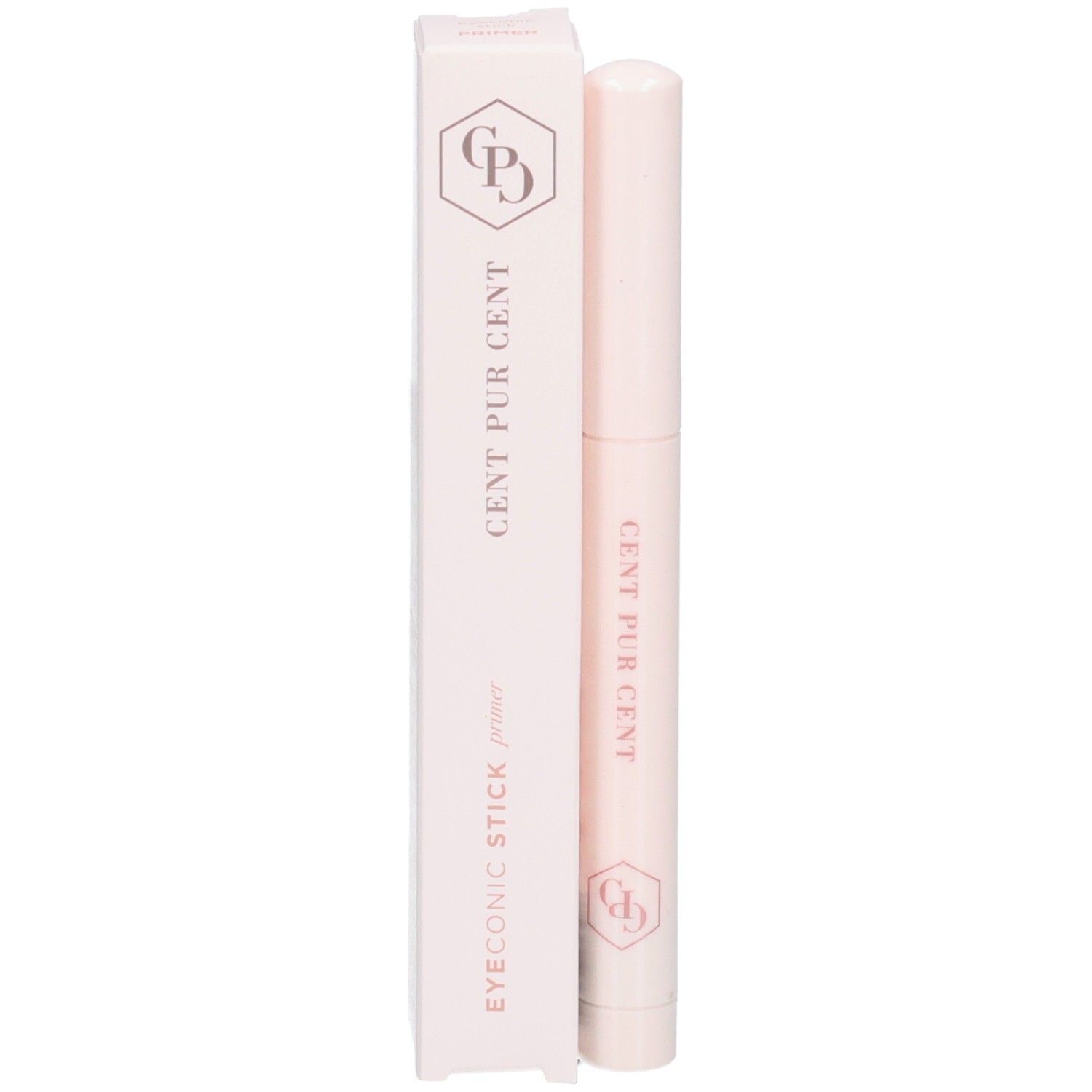 Bâton rose clair et emballage. Inscriptions 'CENT PUR CENT' et 'EYECONIC STICK'.