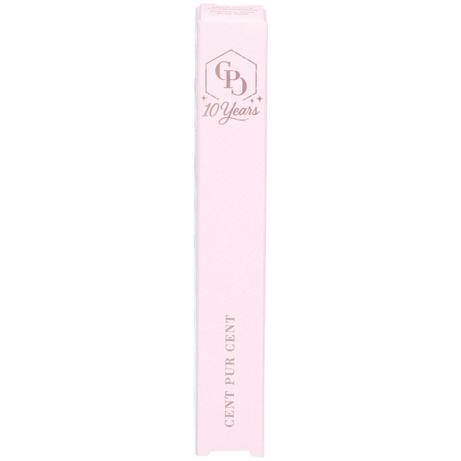 Un emballage rose avec logo "10 Years" et inscription "CENT PUR CENT".