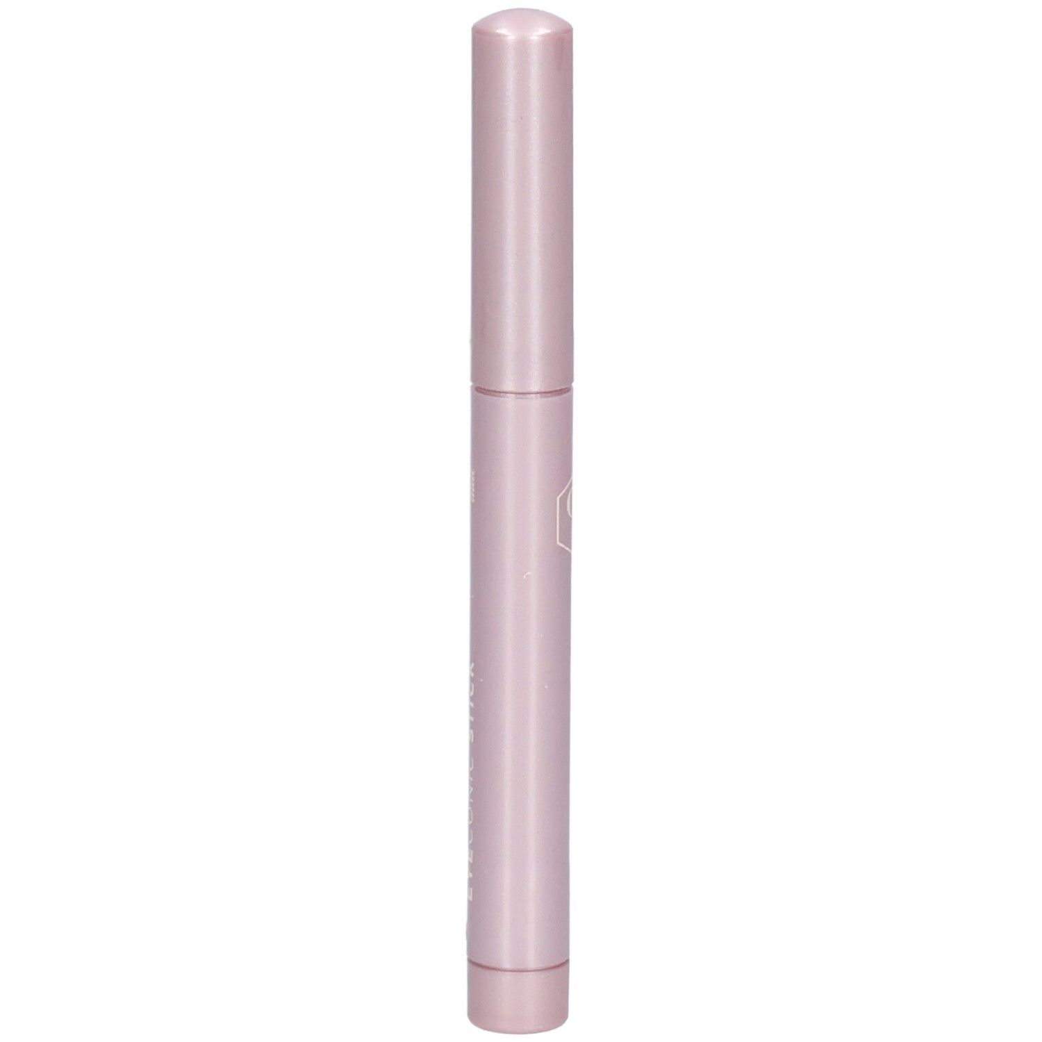 Un bâton fermé, de couleur rose, avec logo et inscription argentés.