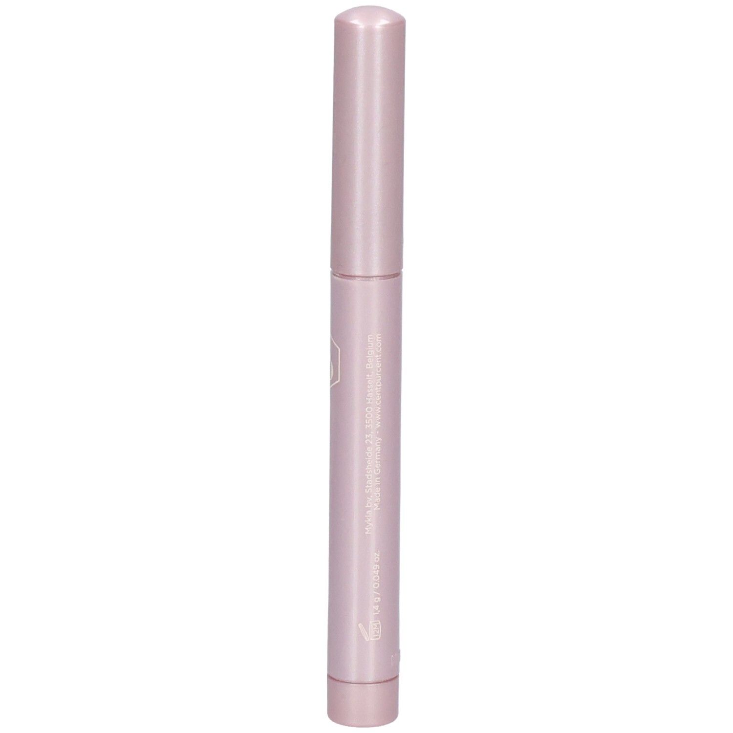 Un bâton fermé, de couleur rose, avec logo et inscription argentés.