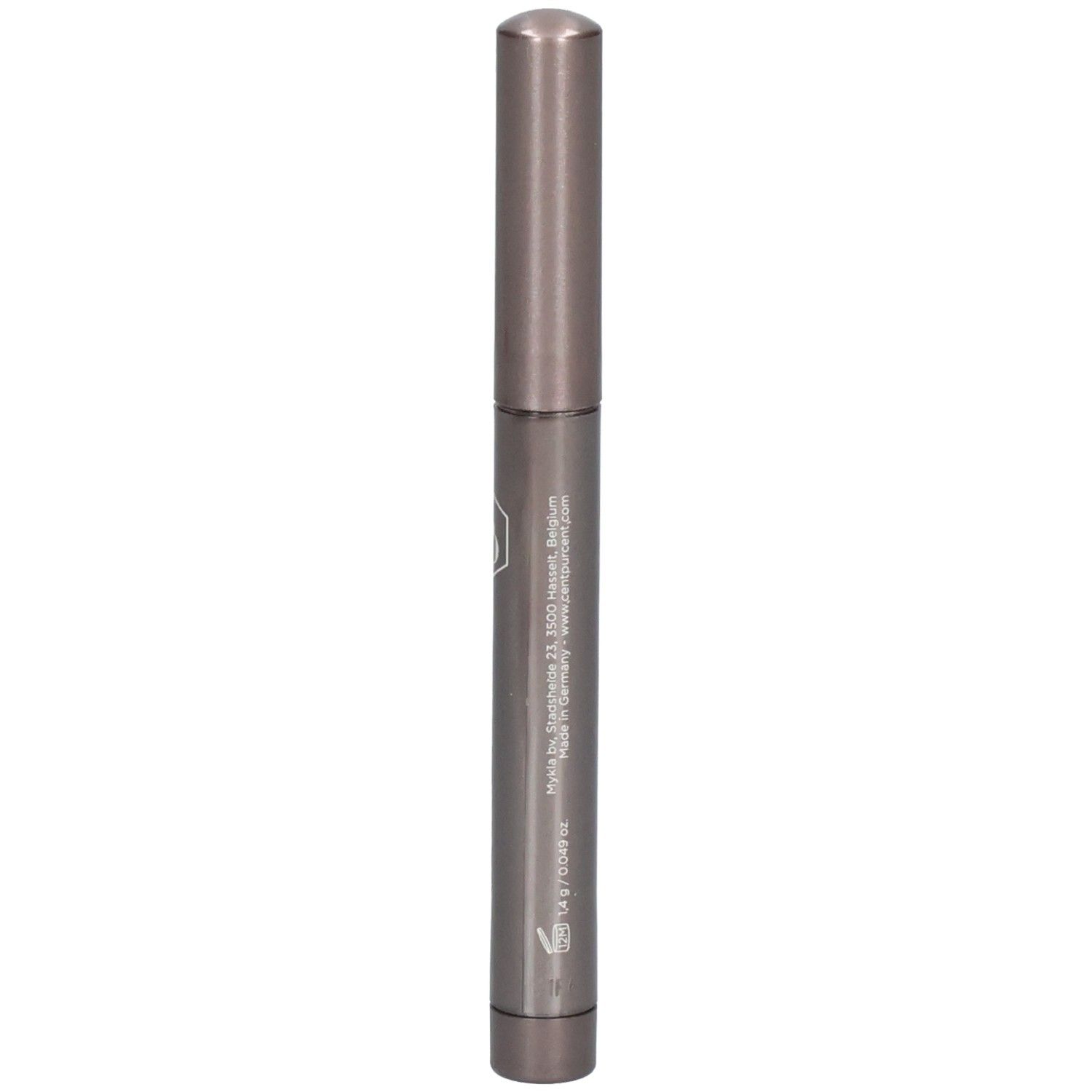 Arrière d'un stylo gris avec informations produit et logo.