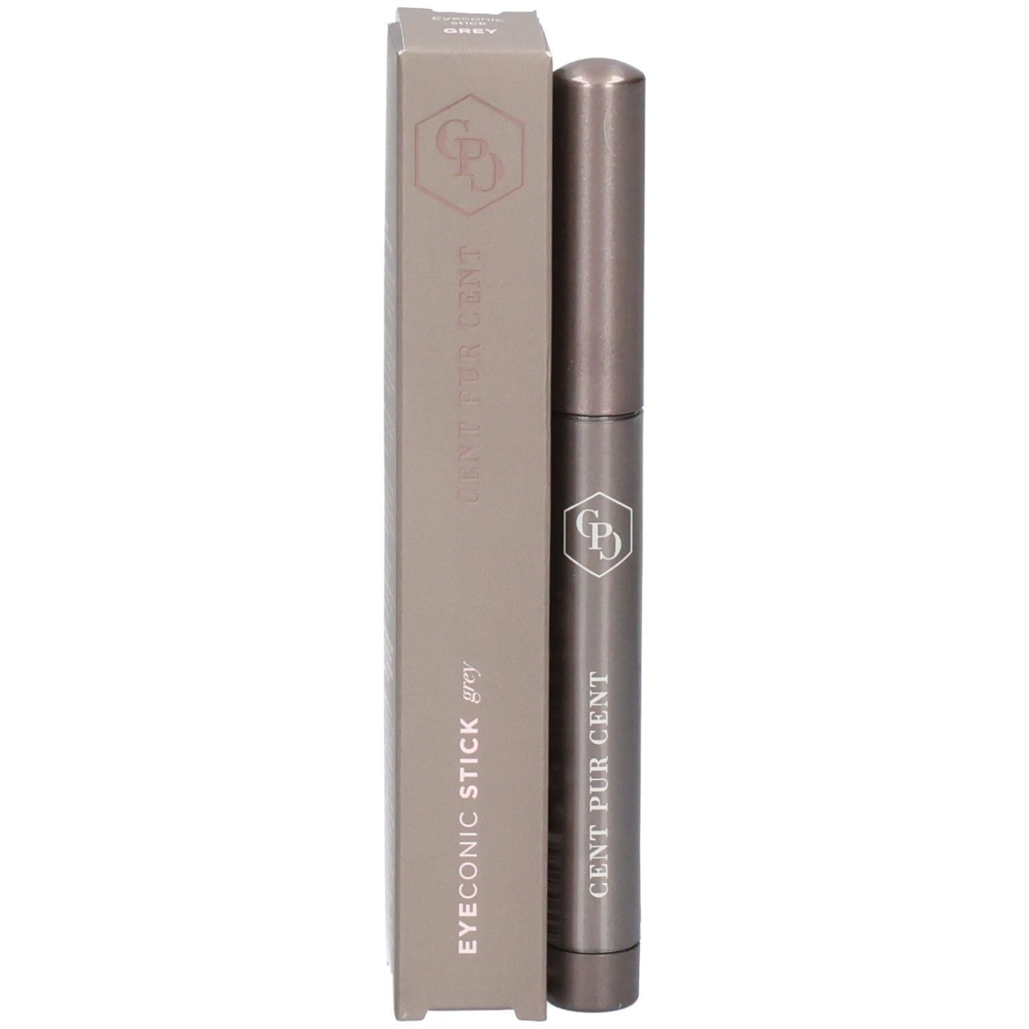Stylo gris à côté de son emballage gris avec logo et inscription.